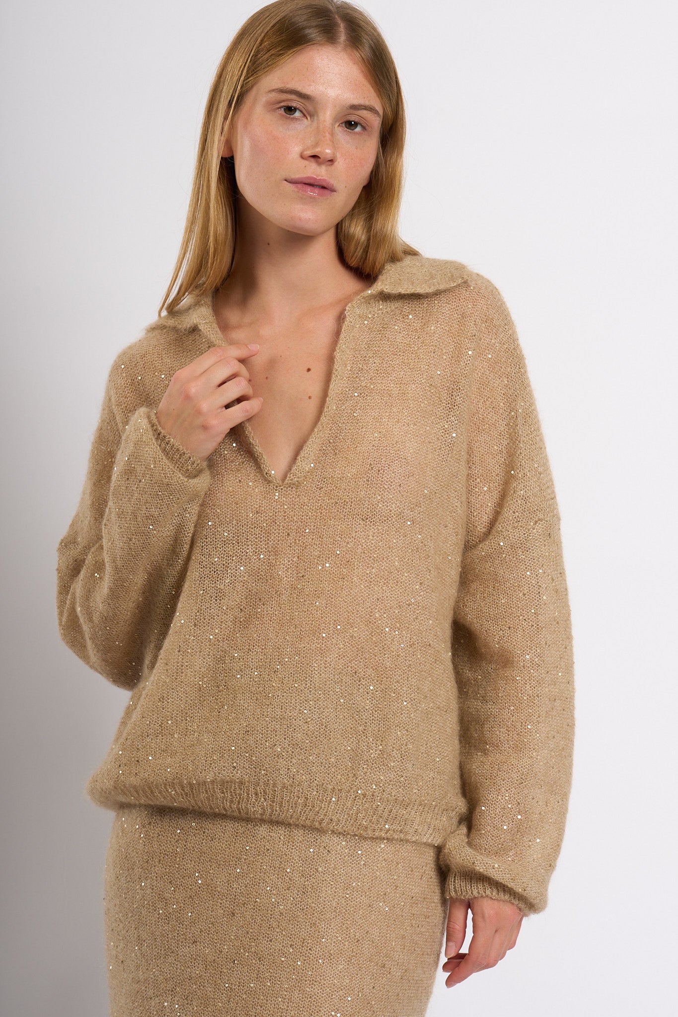 Nude Polo in Lana Mohair Sabbia Donna-4