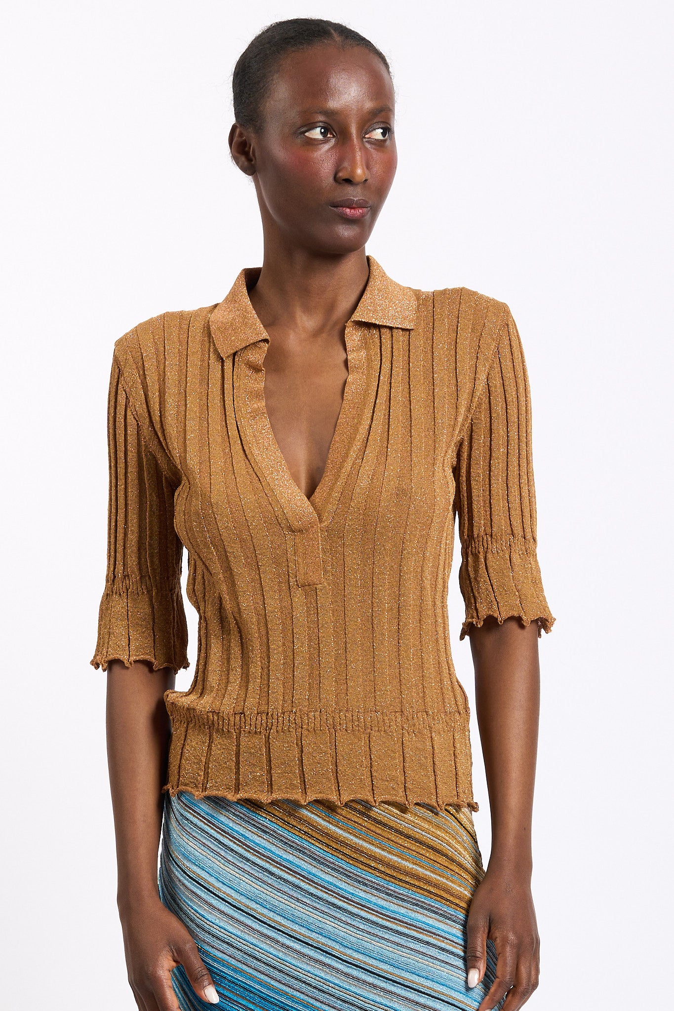 Akep Polo Lurex Cammello Donna-1