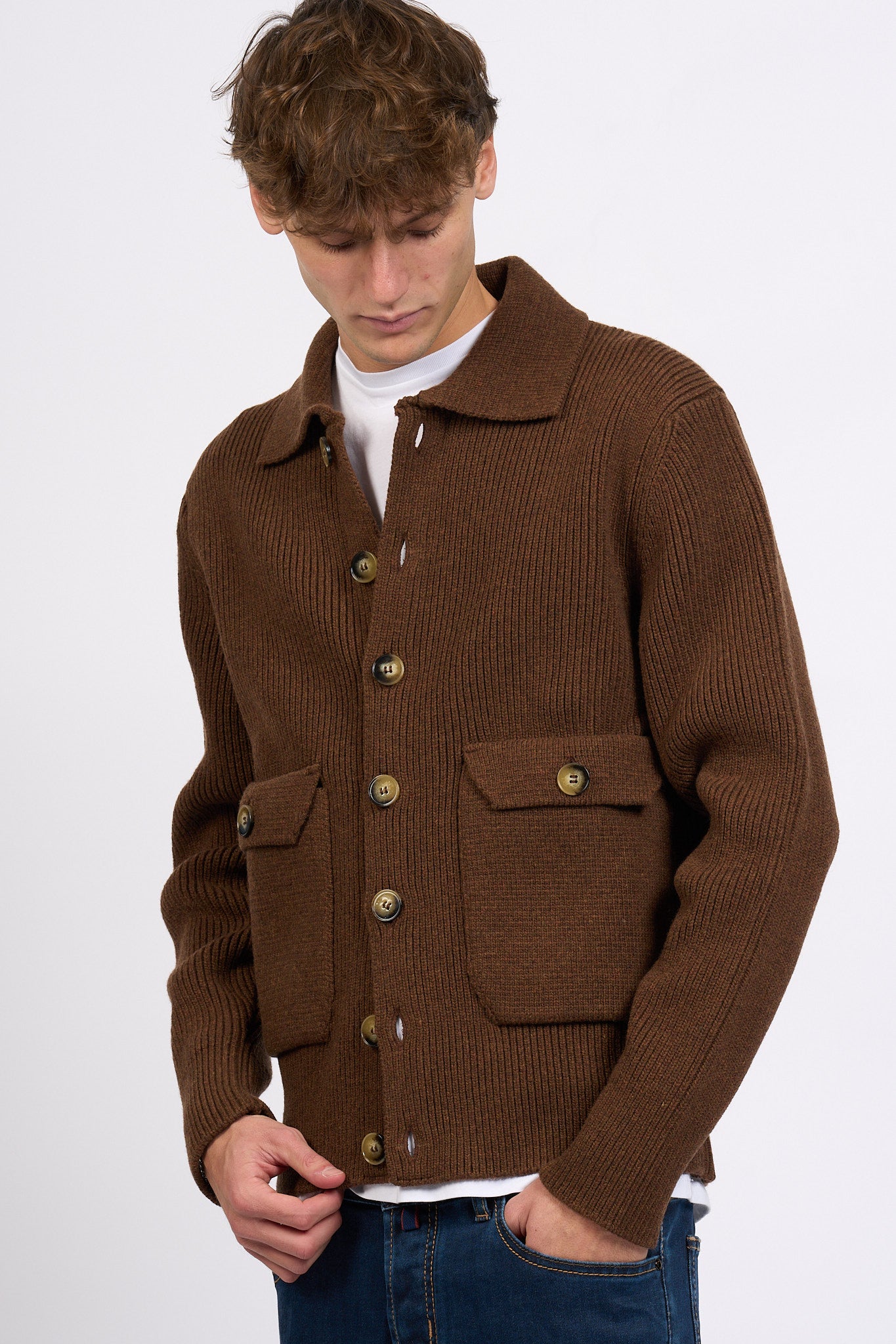 Albarena Cardigan con Tasche Marrone Uomo-3