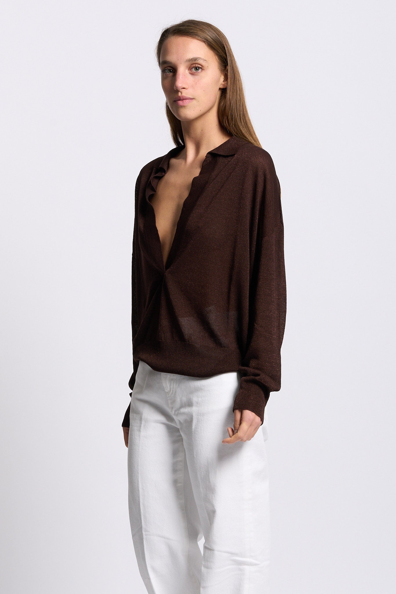 Alpha Polo in Viscosa Fluida Cioccolato Donna-3