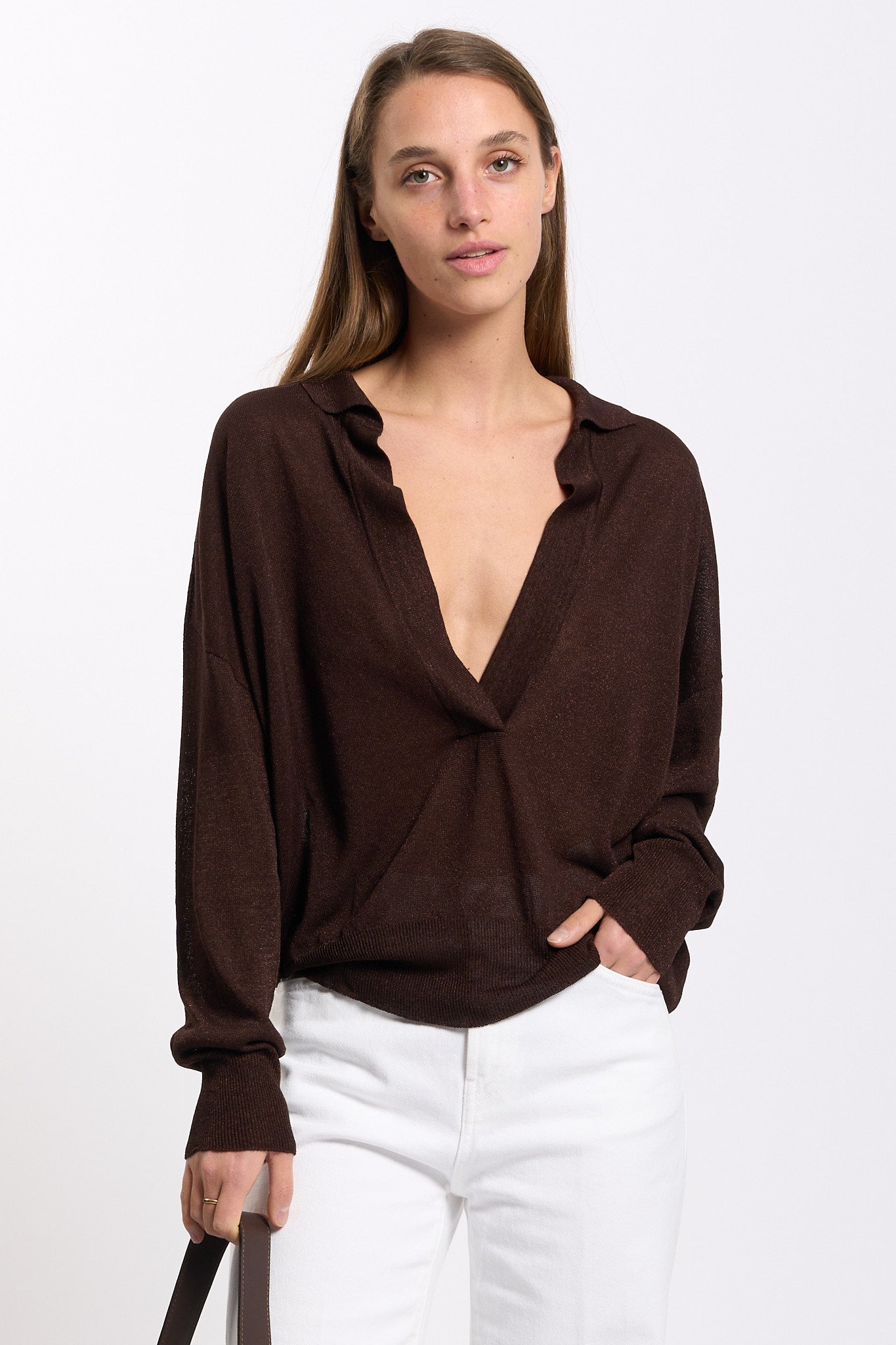 Alpha Polo in Viscosa Fluida Cioccolato Donna-1