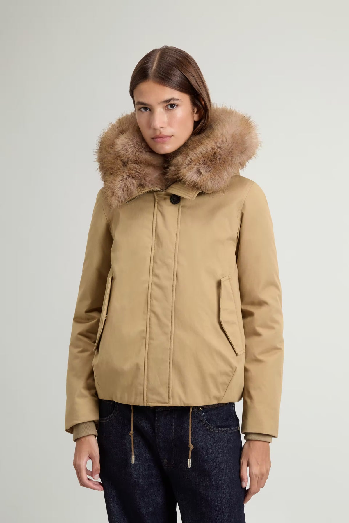 Woolrich Parka Best Faux Corto Senape da Donna-1