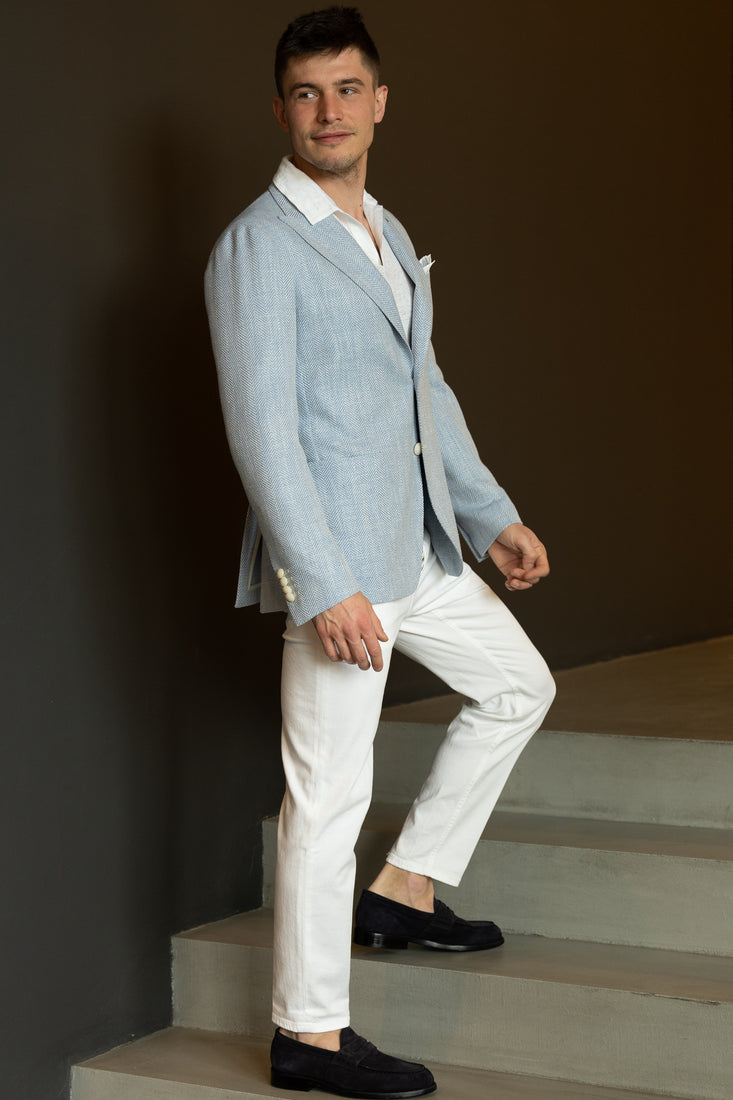 Spezzato Giacca Blu Pantalone Bianco Giacca Grigia Abbinamento