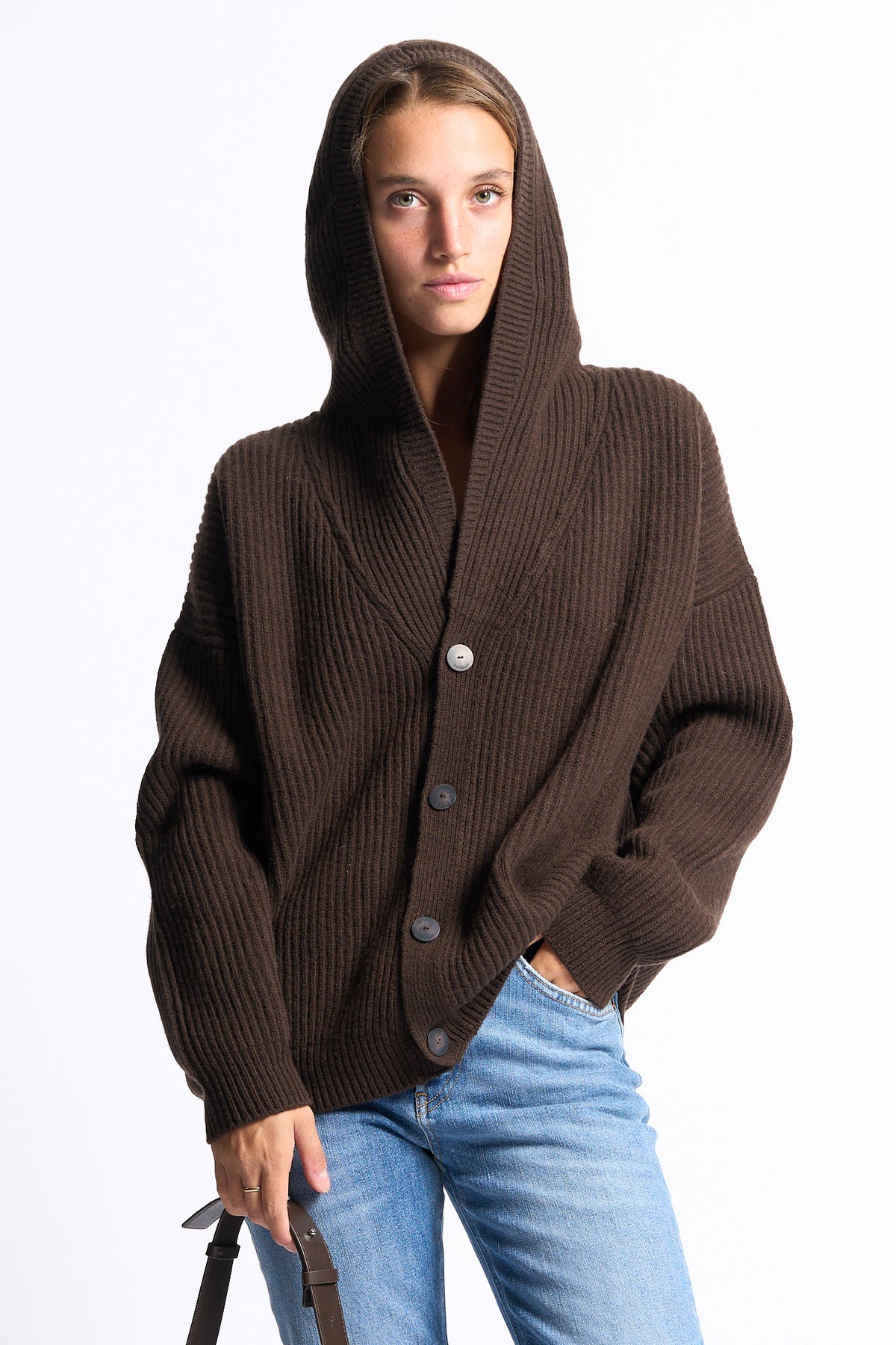 Dondup Cardigan con Cappuccio Marrone Donna-7
