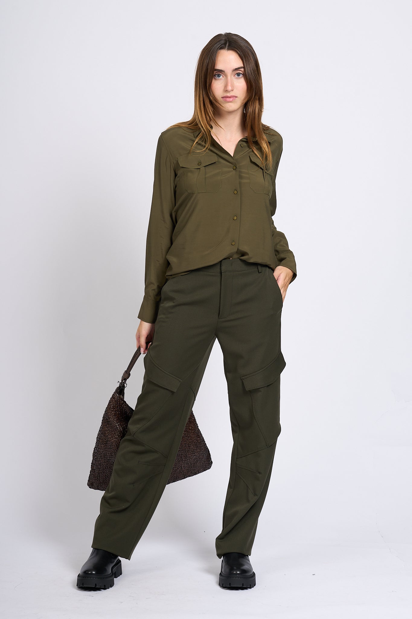 Dondup Pantalone Camila Cargo Verde Donna-5