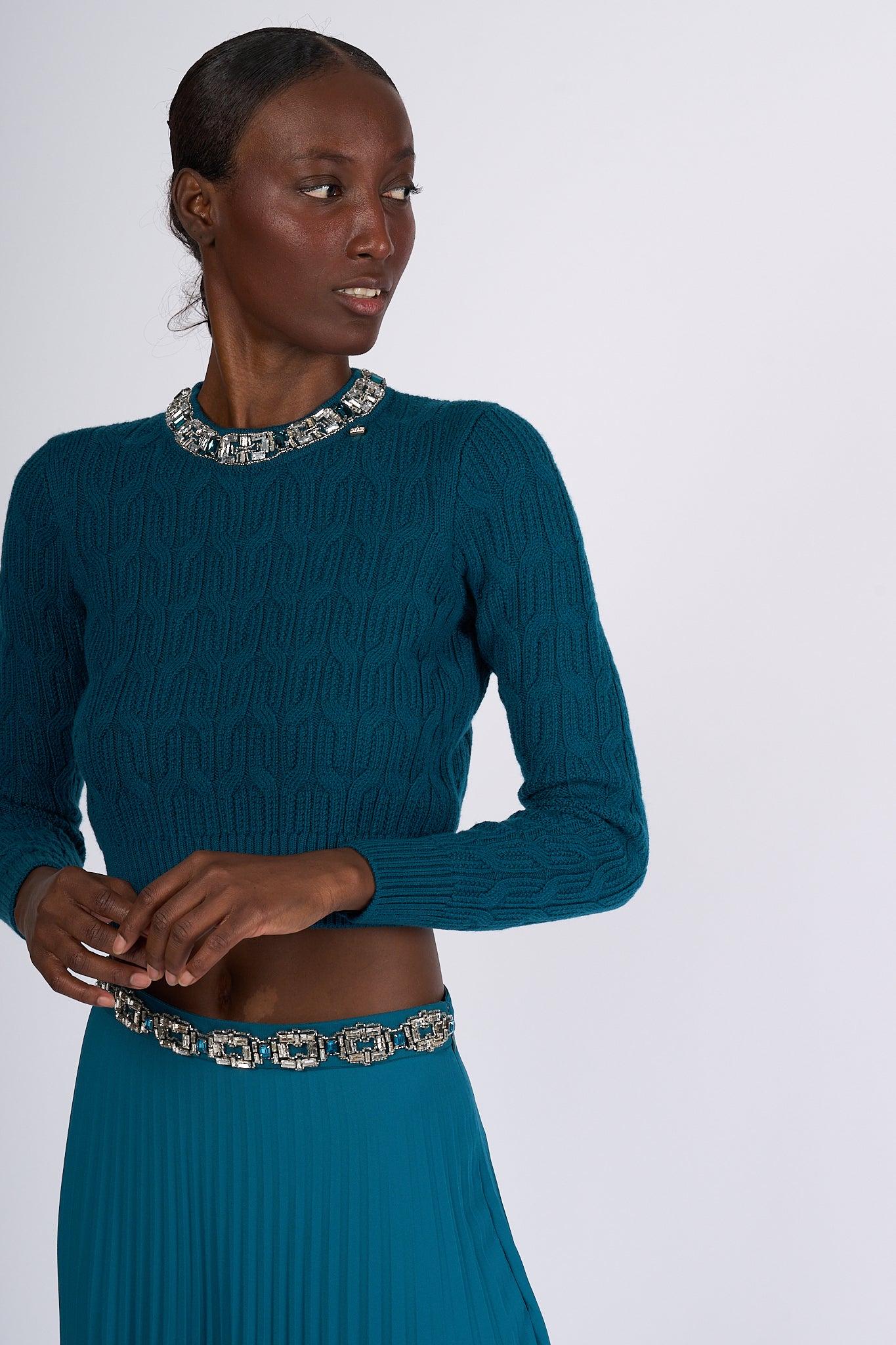 Elisabetta Franchi Women's Peacock Jewel Crop Sweater-2