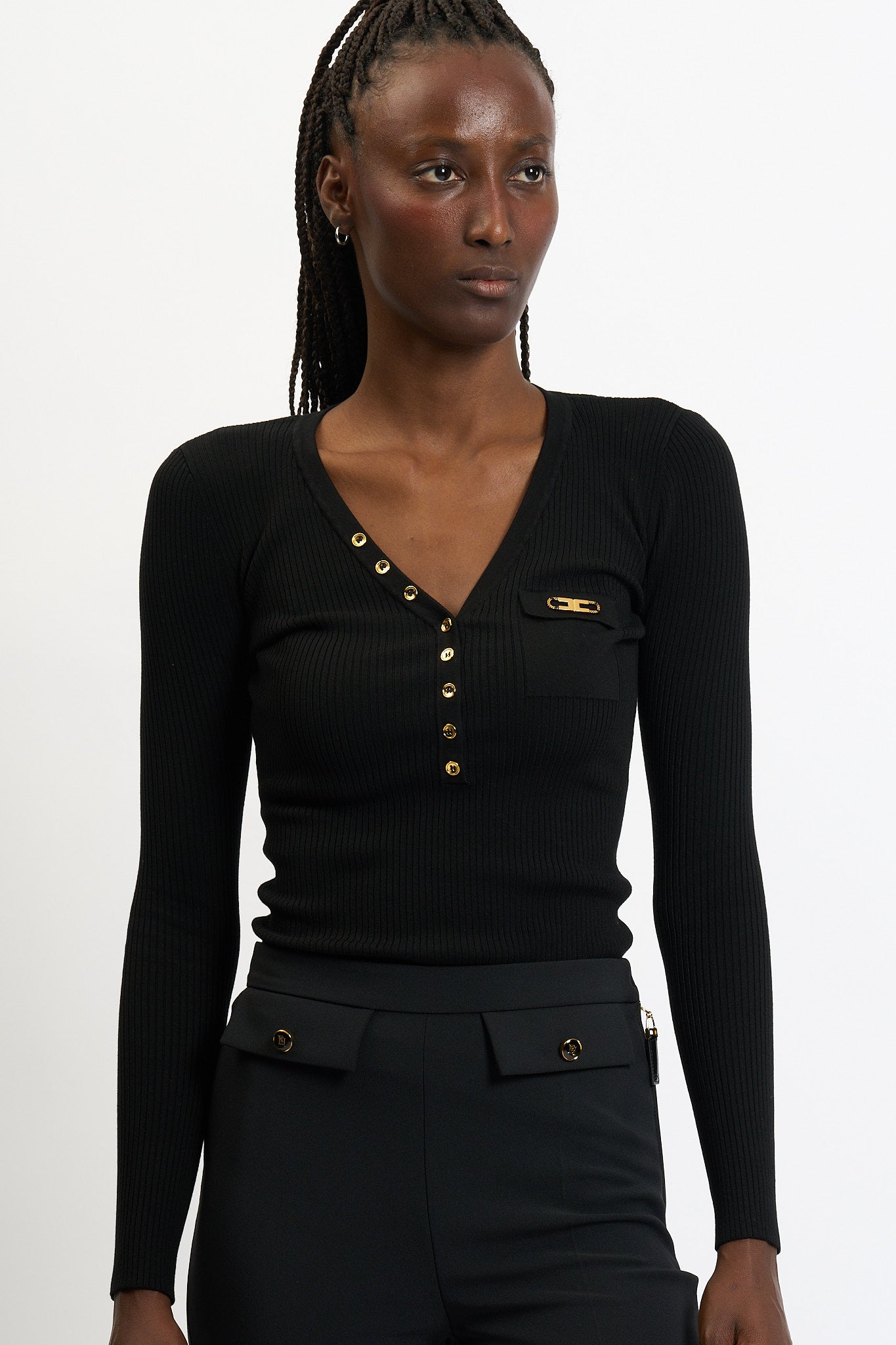 Elisabetta Franchi Maglia V a Costine Nero Donna-1
