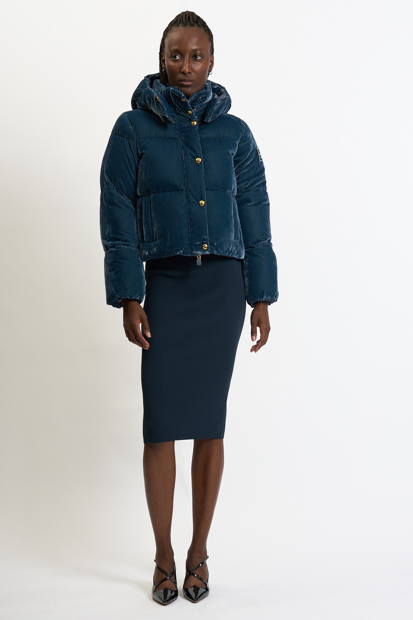 Elisabetta Franchi Piumino Corto Velluto Blu Donna-6