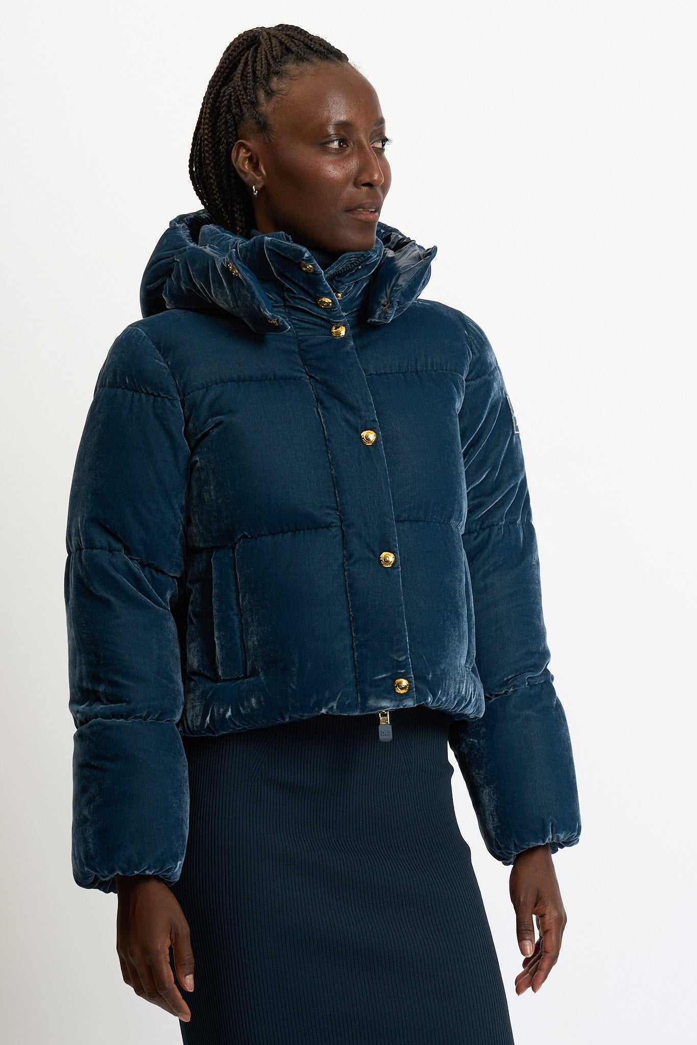 Elisabetta Franchi Piumino Corto Velluto Blu Donna-3