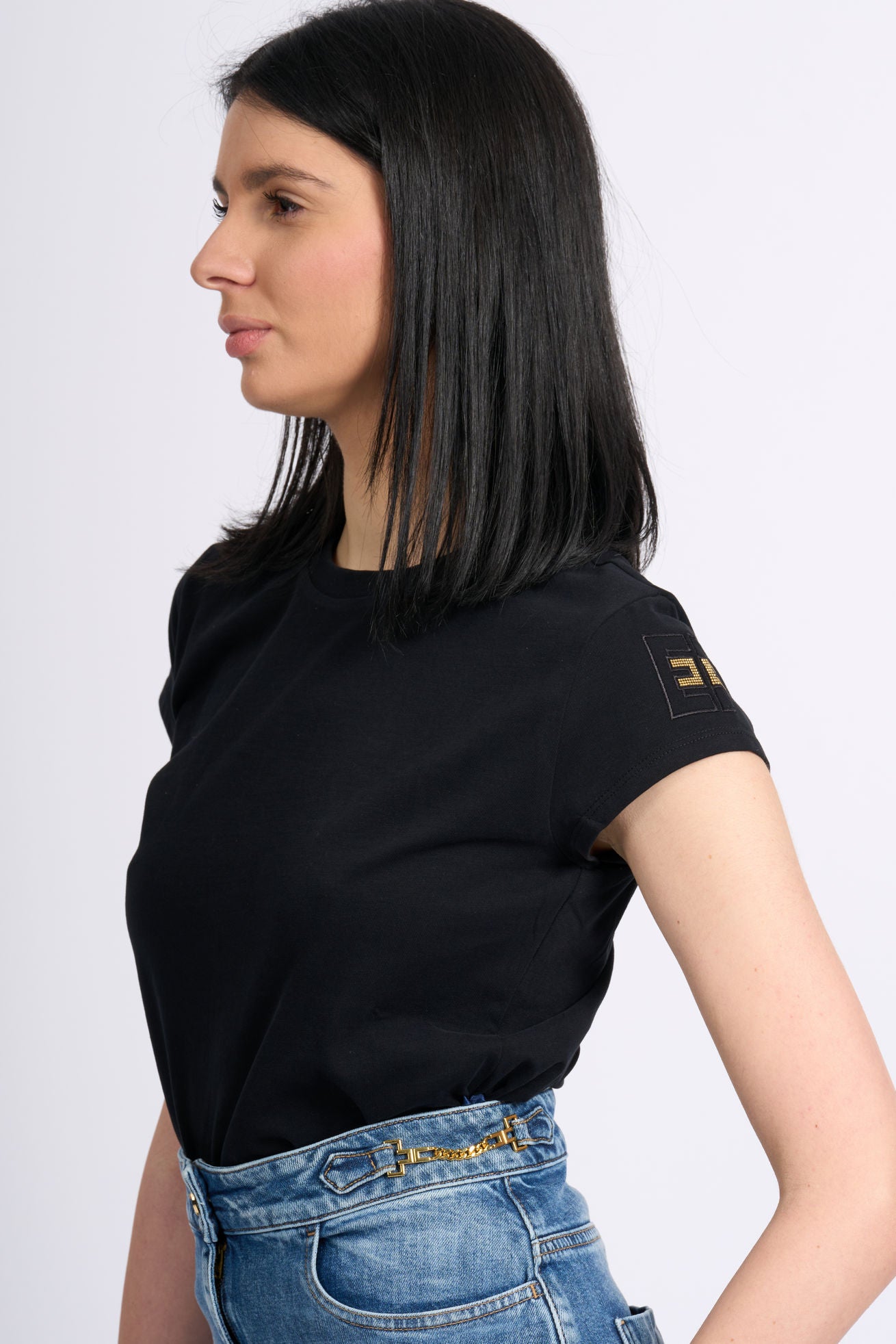 Elisabetta Franchi T-shirt Logo Strass Nero Donna-2