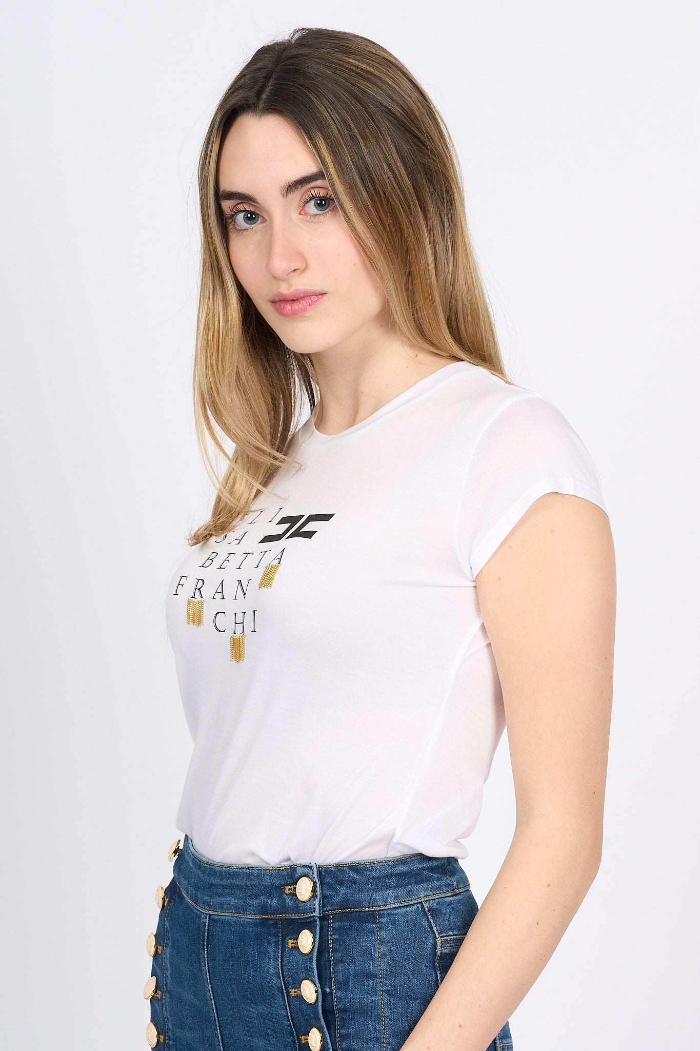 Elisabetta Franchi T-shirt con Catenelle Bianco Donna-4