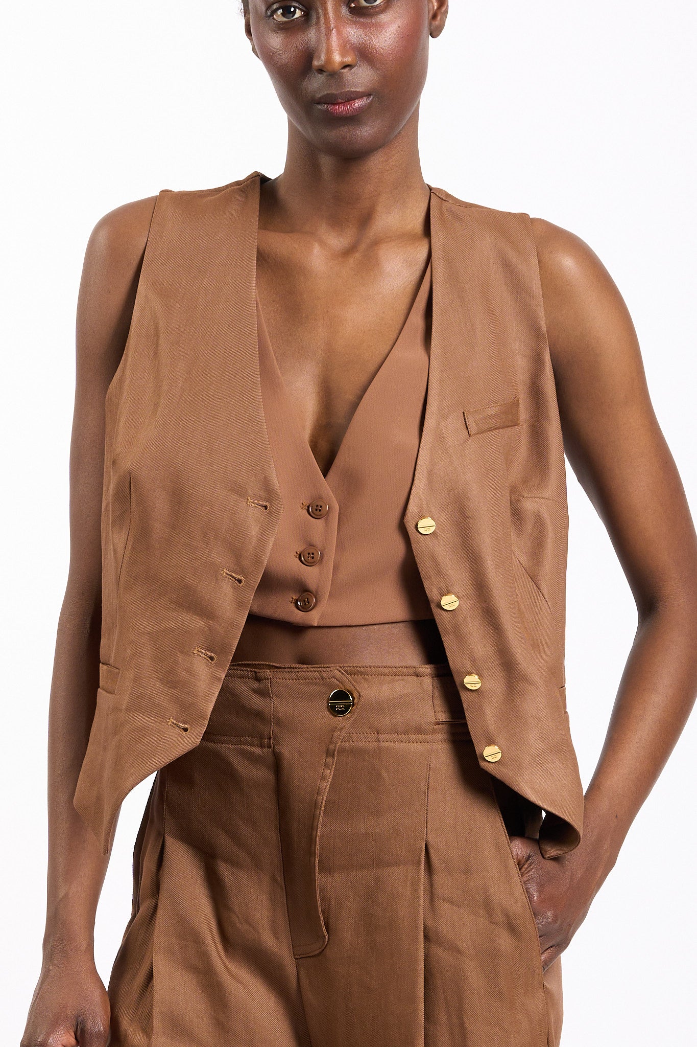 Elisabetta franchi Gilet in misto Lino Cuoio Donna-2