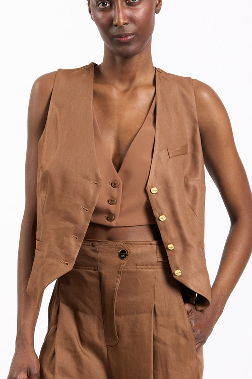 Elisabetta franchi Gilet in misto Lino Cuoio Donna-2