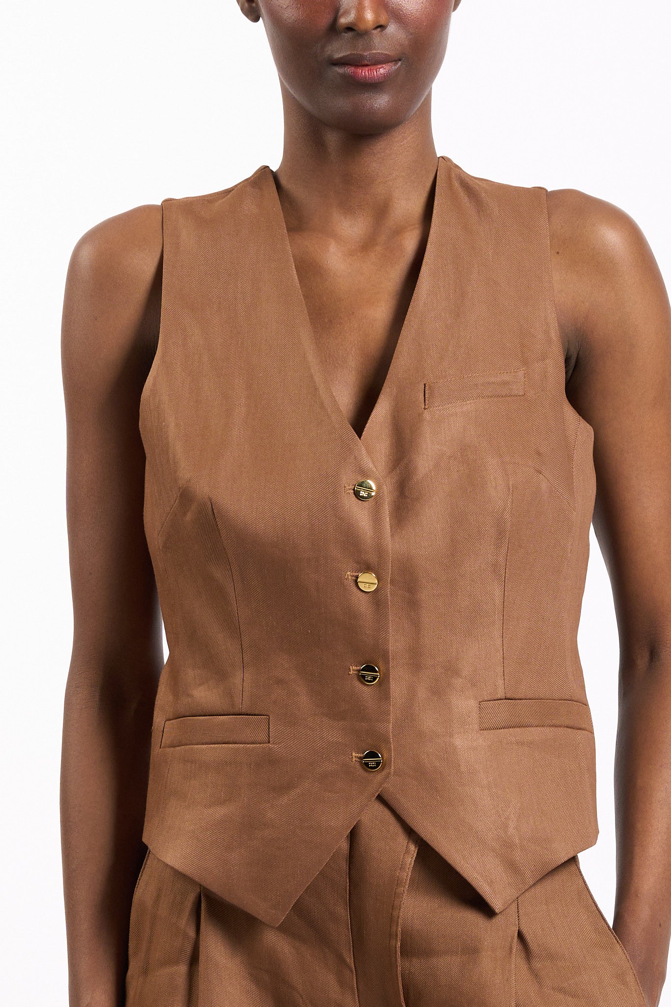 Elisabetta franchi Gilet in misto Lino Cuoio Donna-7