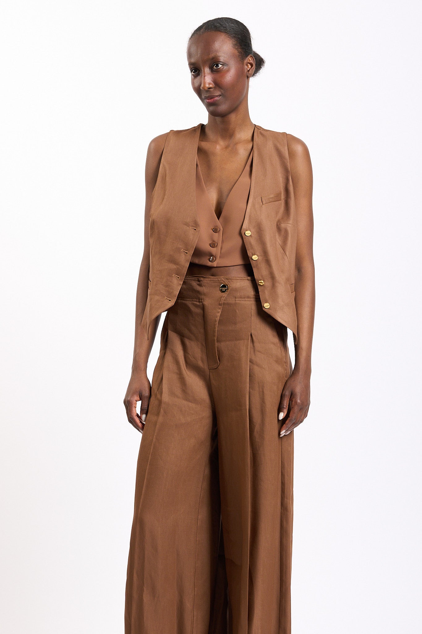 Elisabetta franchi Gilet in misto Lino Cuoio Donna-6