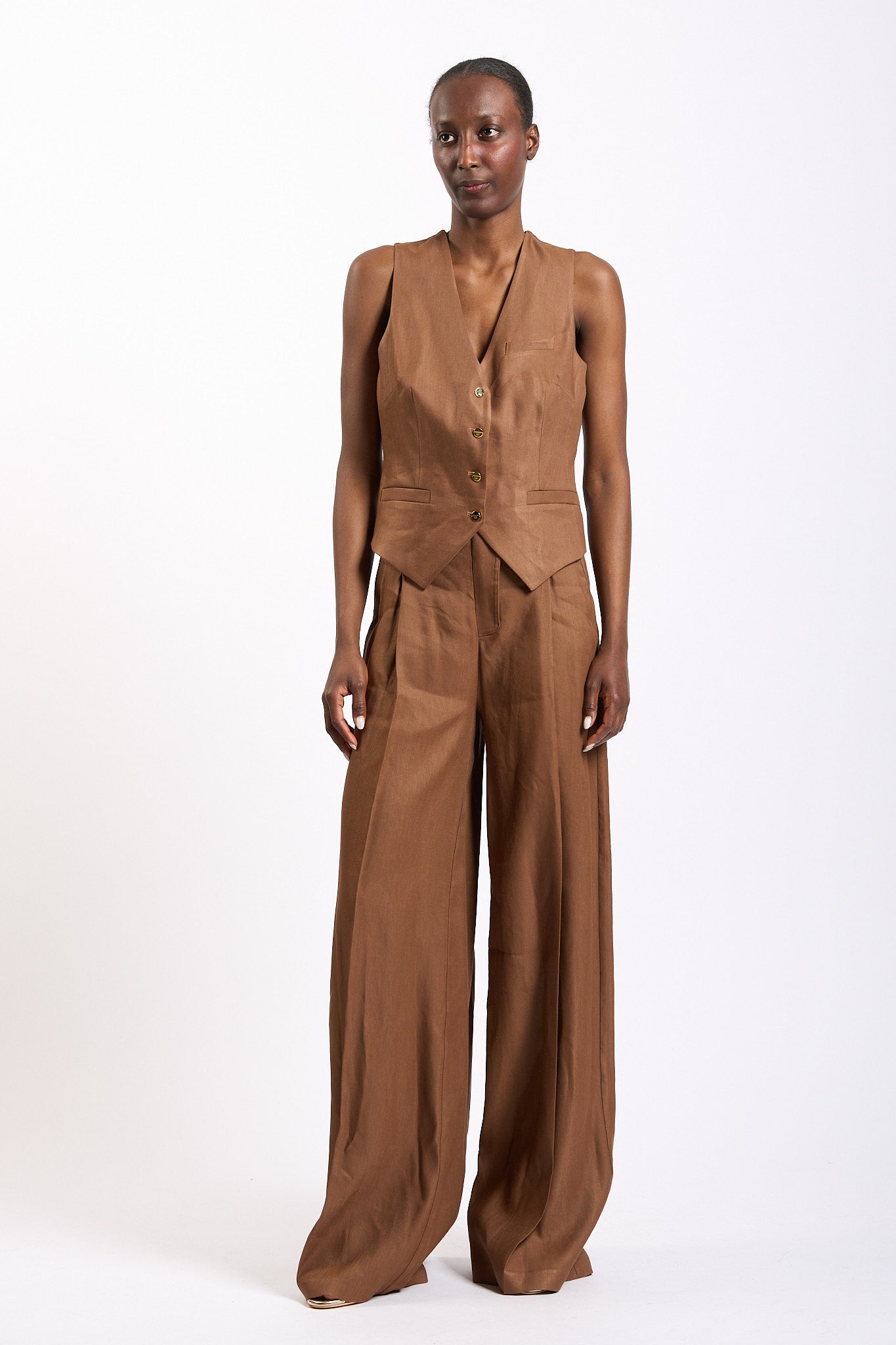 Elisabetta franchi Pantalone Over Misto Lino Cuoio Donna-7