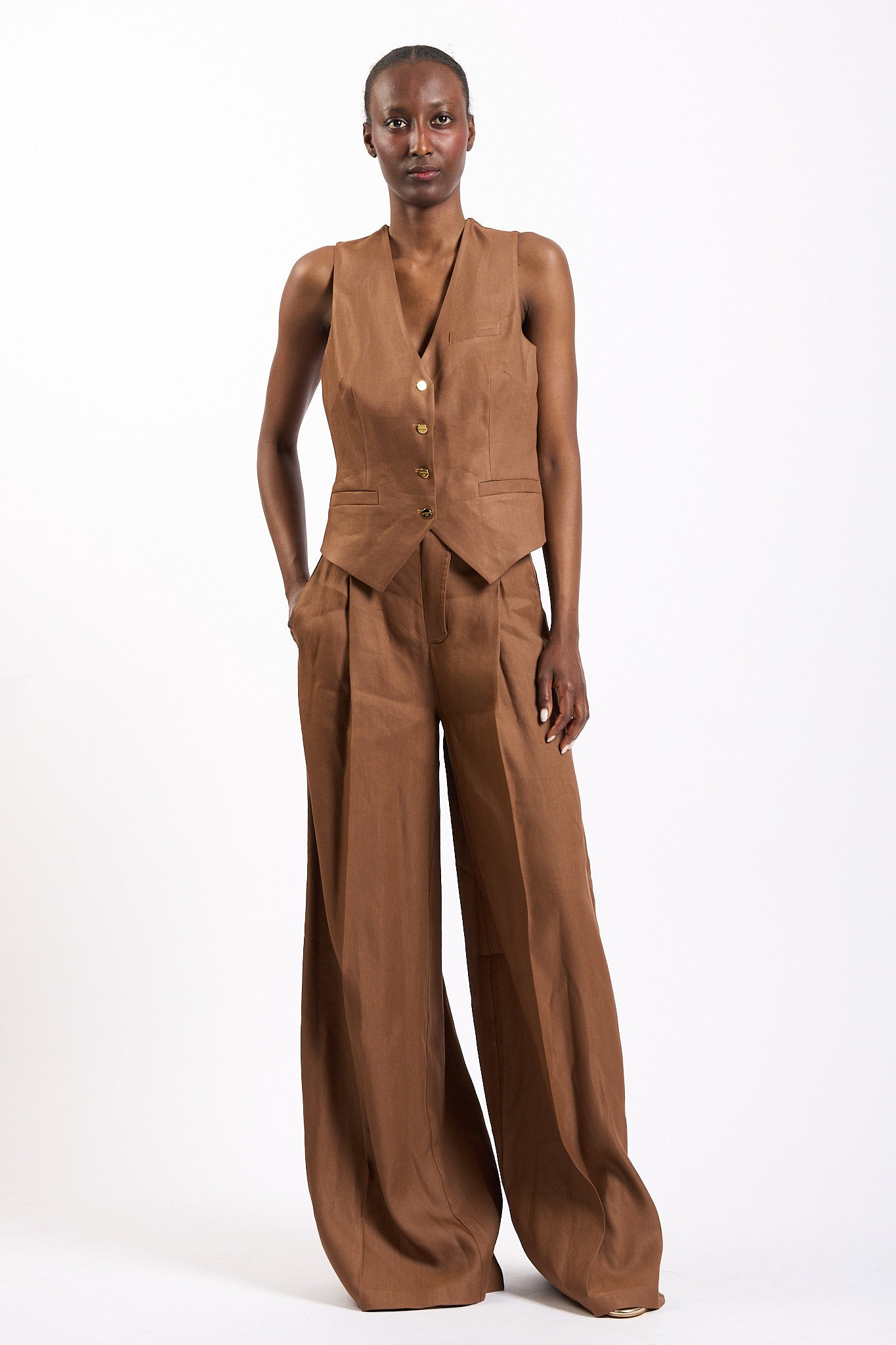 Elisabetta franchi Pantalone Over Misto Lino Cuoio Donna-2