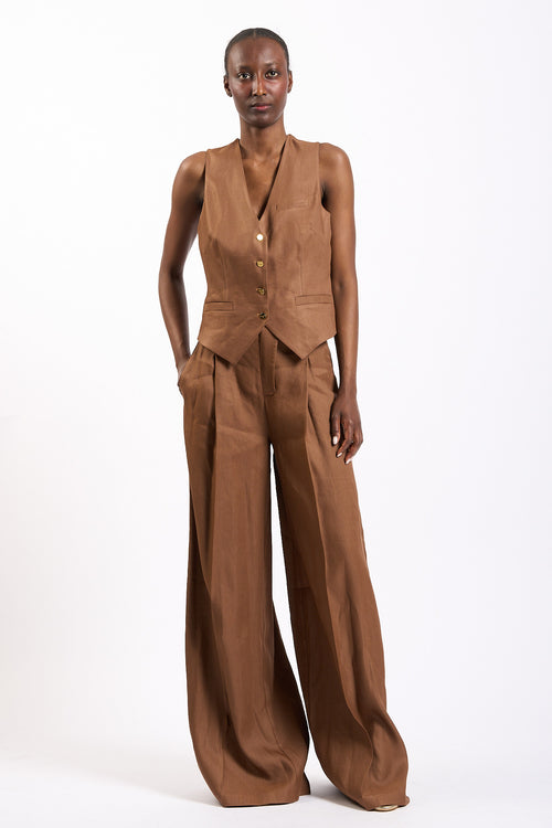 Elisabetta franchi Pantalone Over Misto Lino Cuoio Donna-2