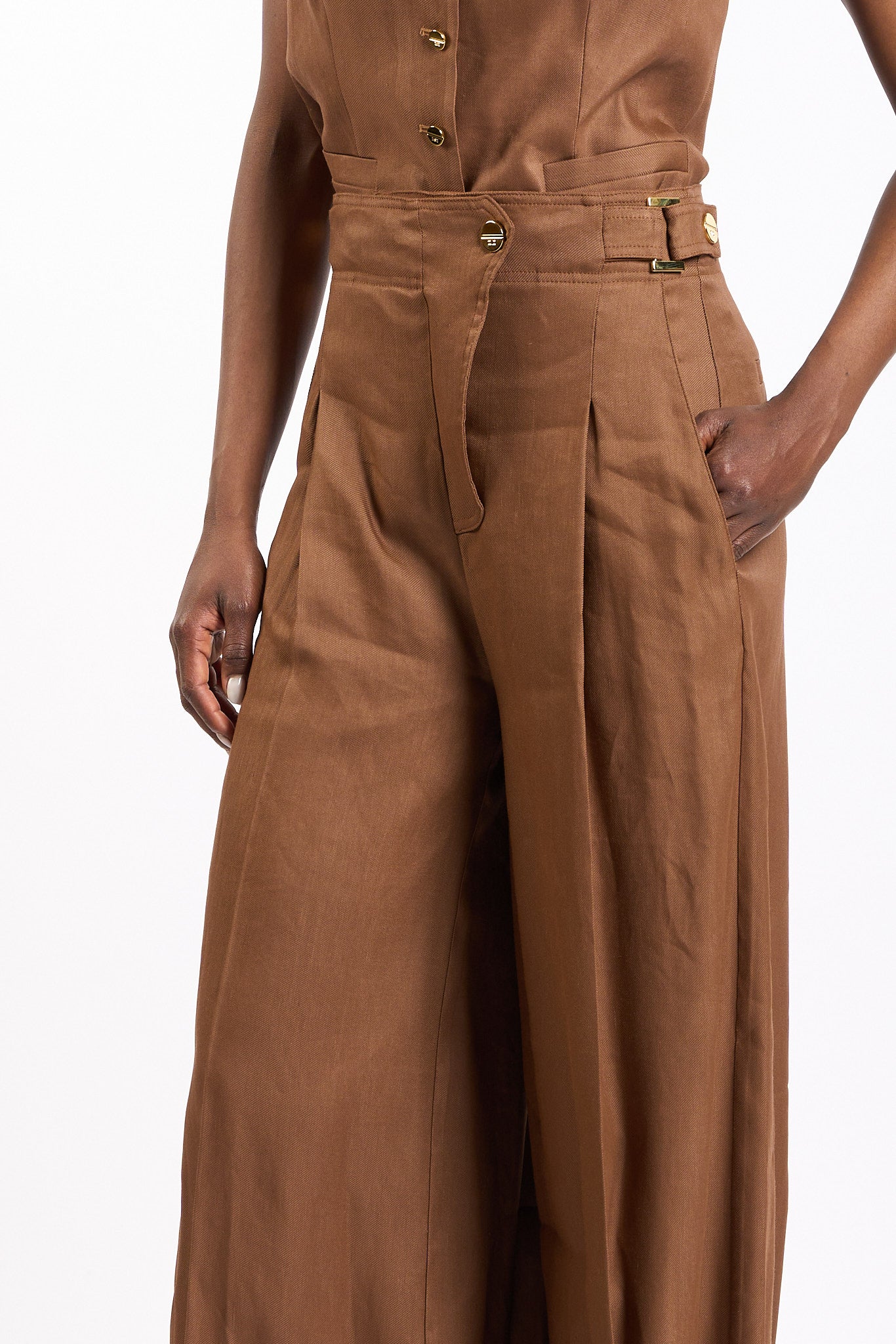 Elisabetta franchi Pantalone Over Misto Lino Cuoio Donna-3