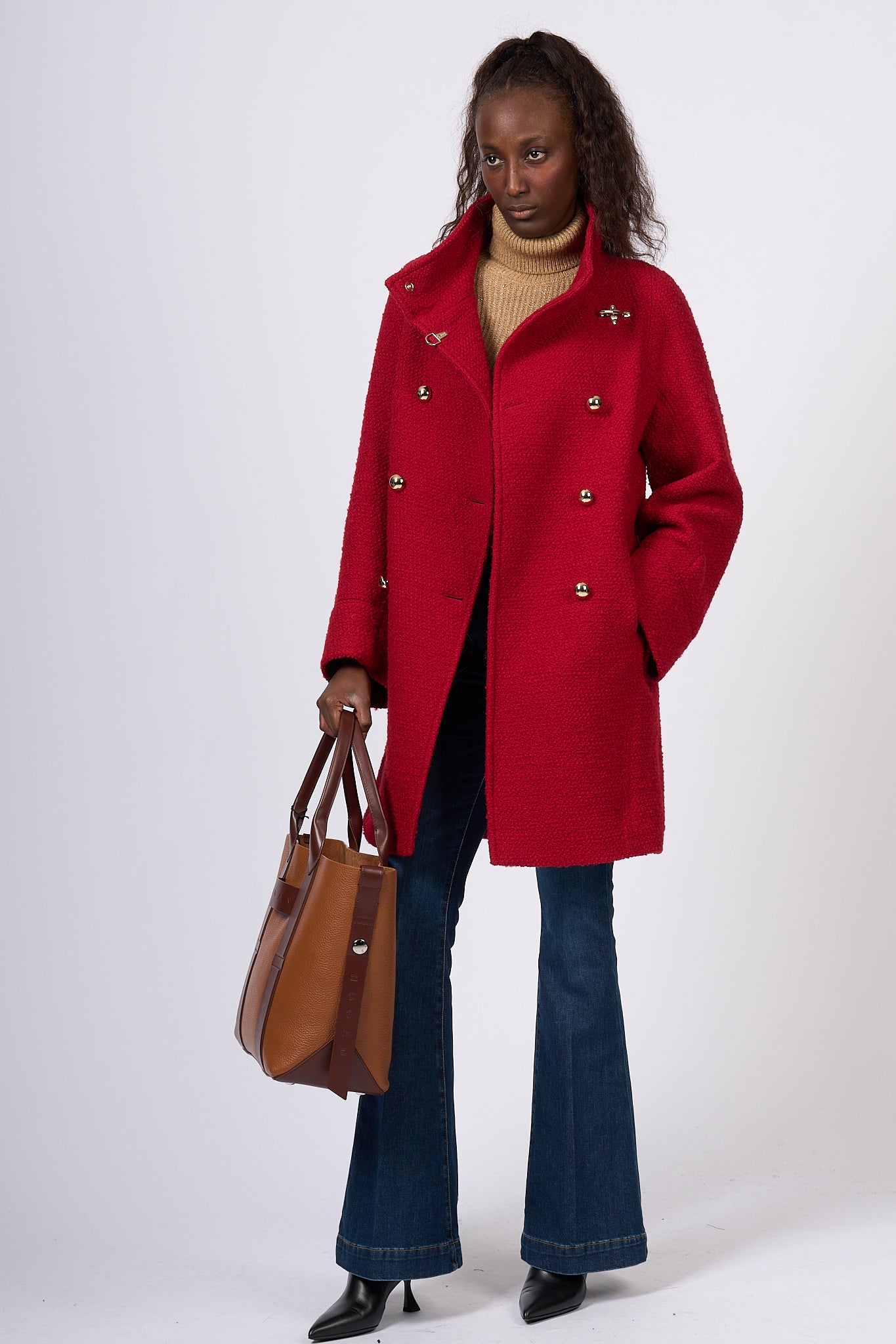 Fay Red Bouclè Wool Egg Coat for Women-3