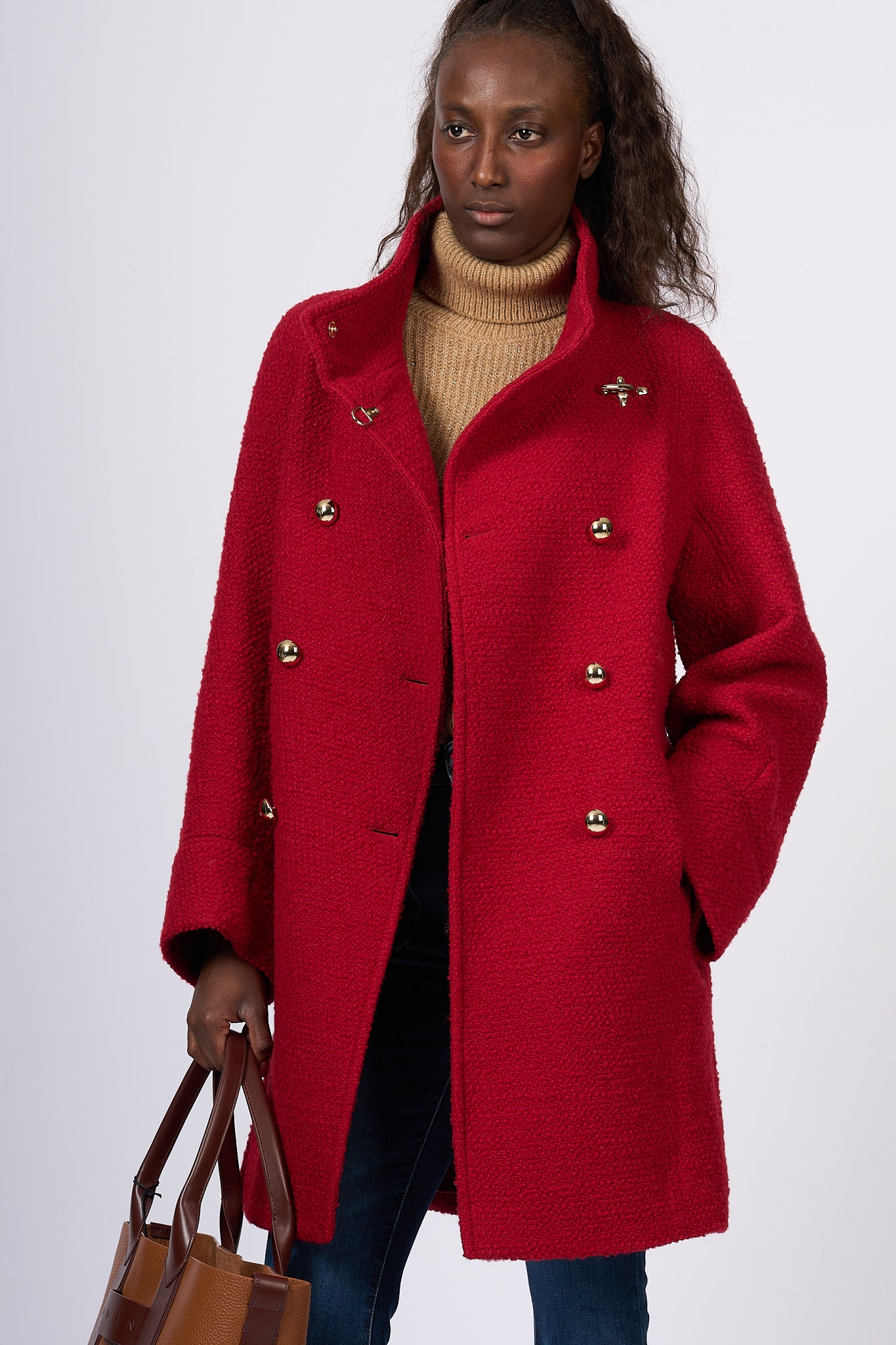 Fay Red Bouclè Wool Egg Coat for Women-4