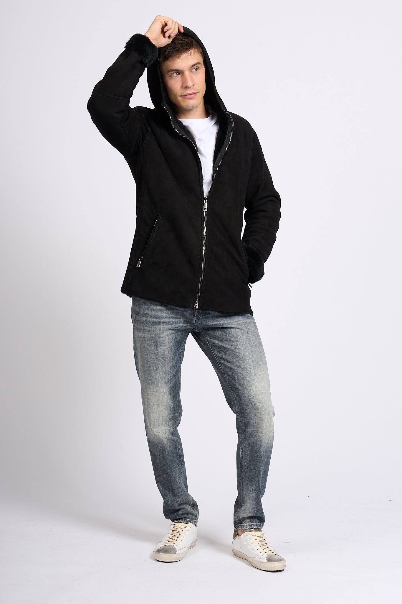 Giorgio Brato Men's Black Sheepskin Hooded Sweatshirt-1