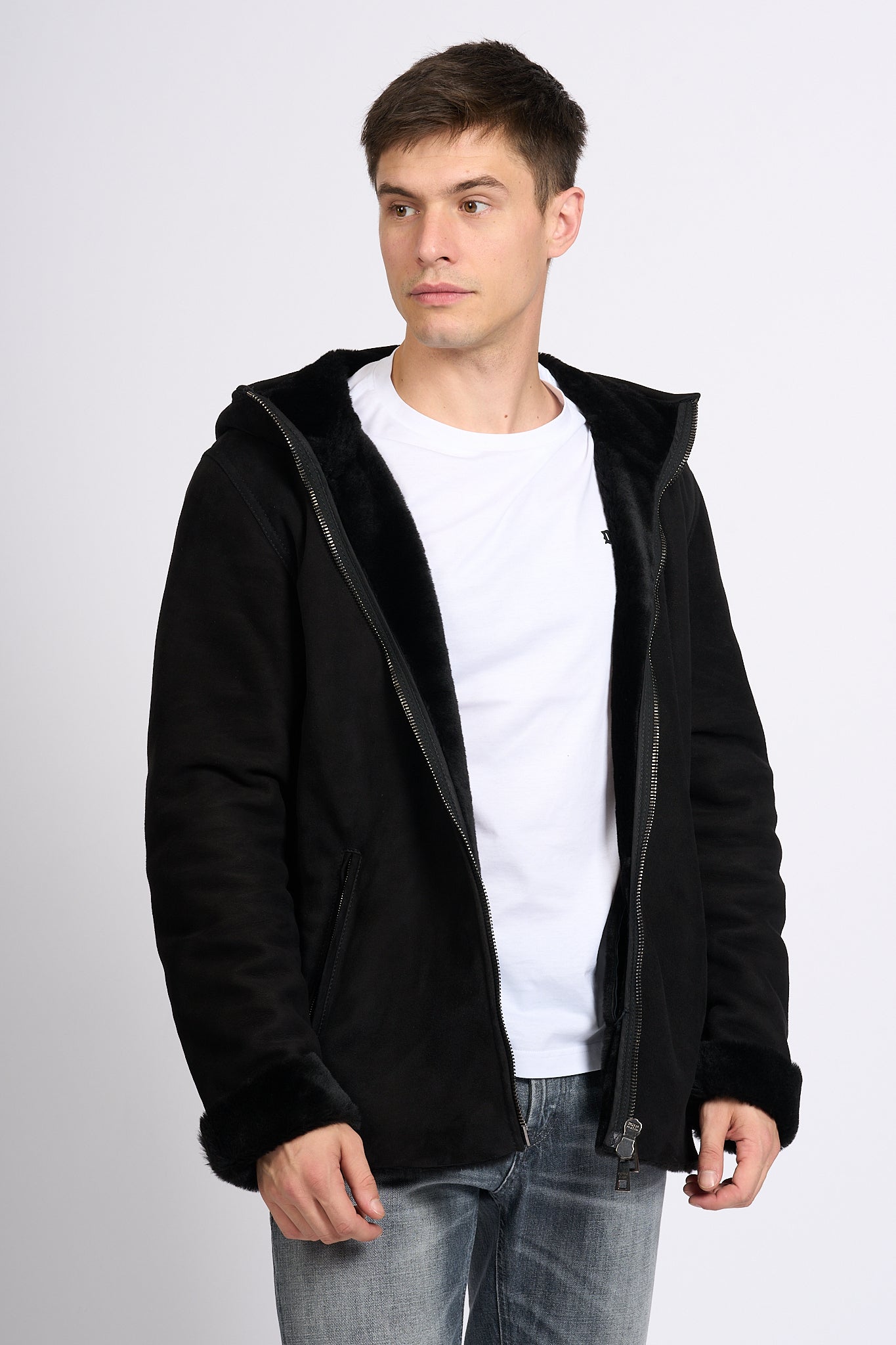 Giorgio Brato Men's Black Sheepskin Hooded Sweatshirt-5