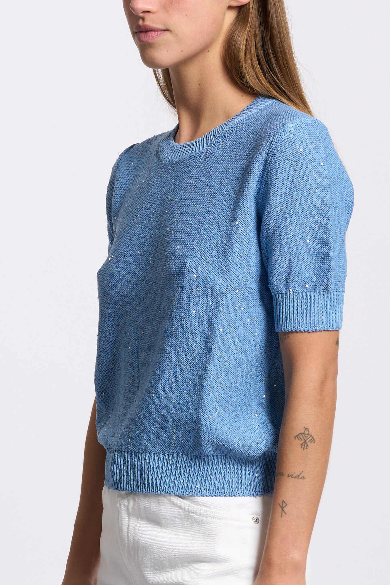 Gran Sasso Maglia Micro Paillettes Azzurro Donna-5