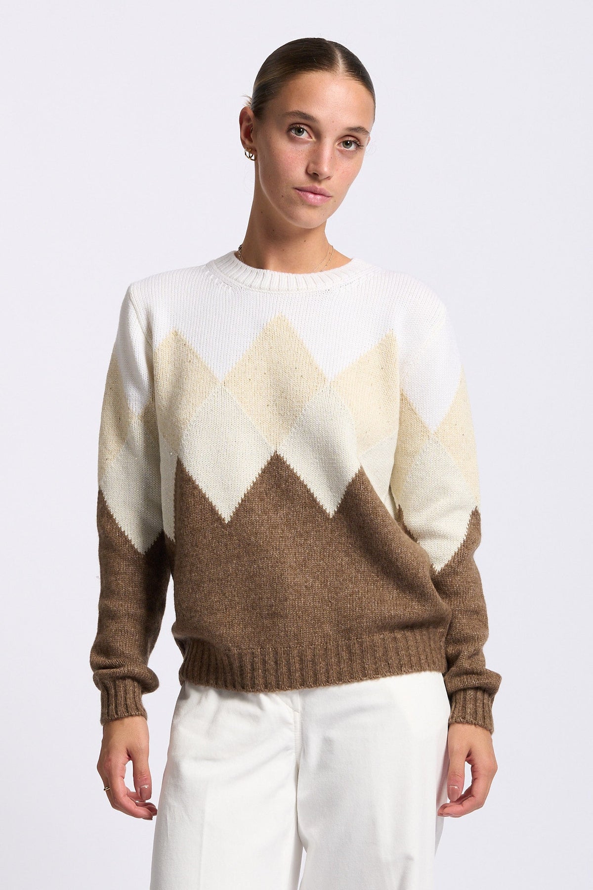 Gran Sasso Girocollo Intarsio Lana e Cashmere Beige/Bianco Donna-7