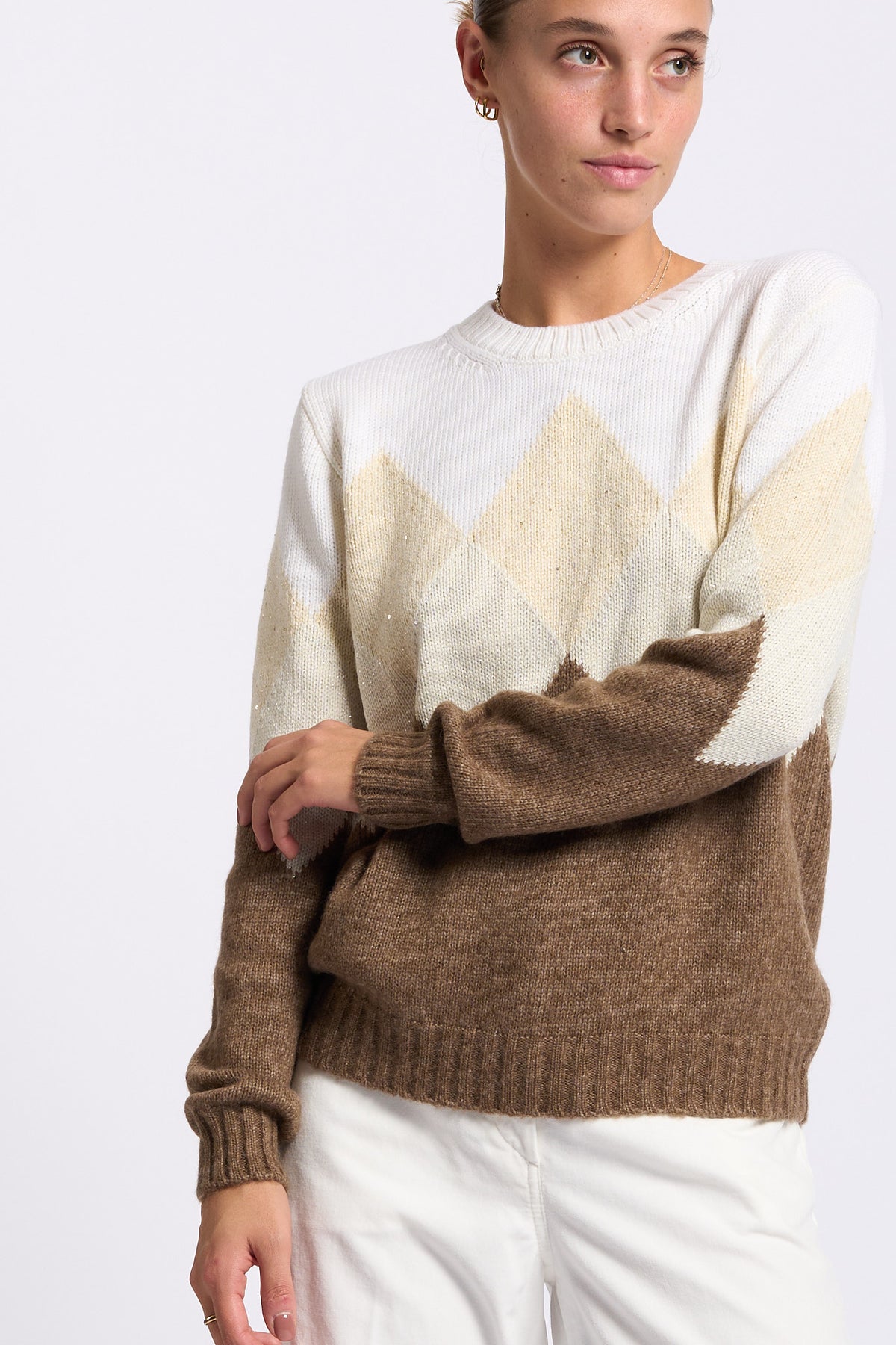 Gran Sasso Girocollo Intarsio Lana e Cashmere Beige/Bianco Donna-3