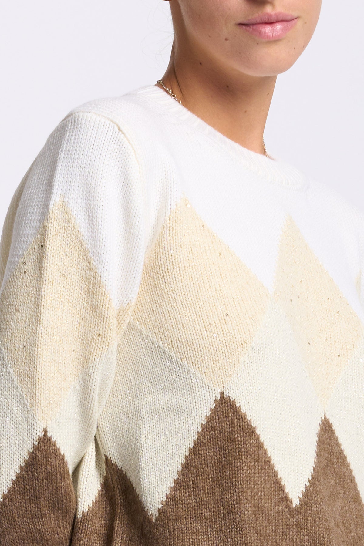 Gran Sasso Girocollo Intarsio Lana e Cashmere Beige/Bianco Donna-5