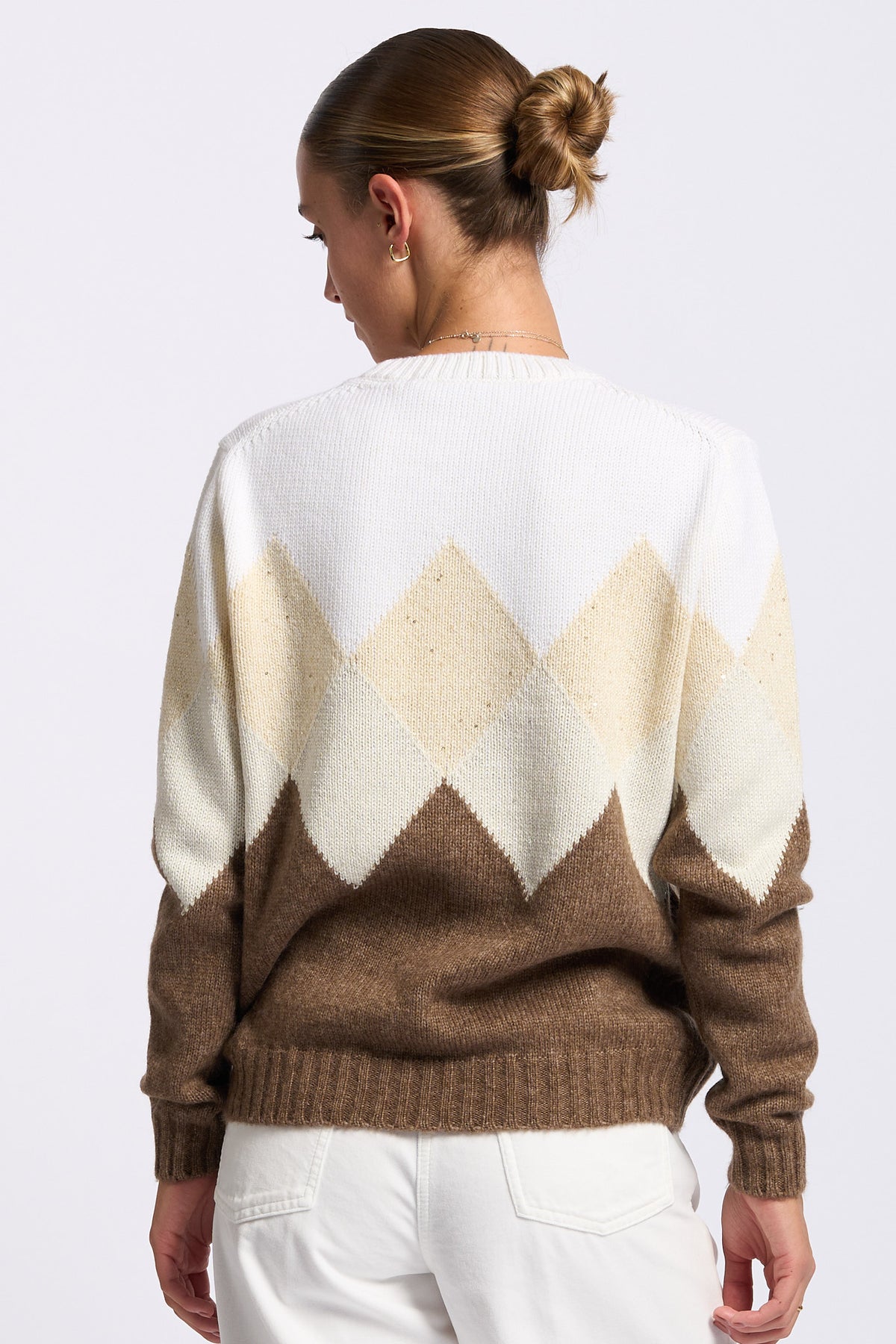 Gran Sasso Girocollo Intarsio Lana e Cashmere Beige/Bianco Donna-4