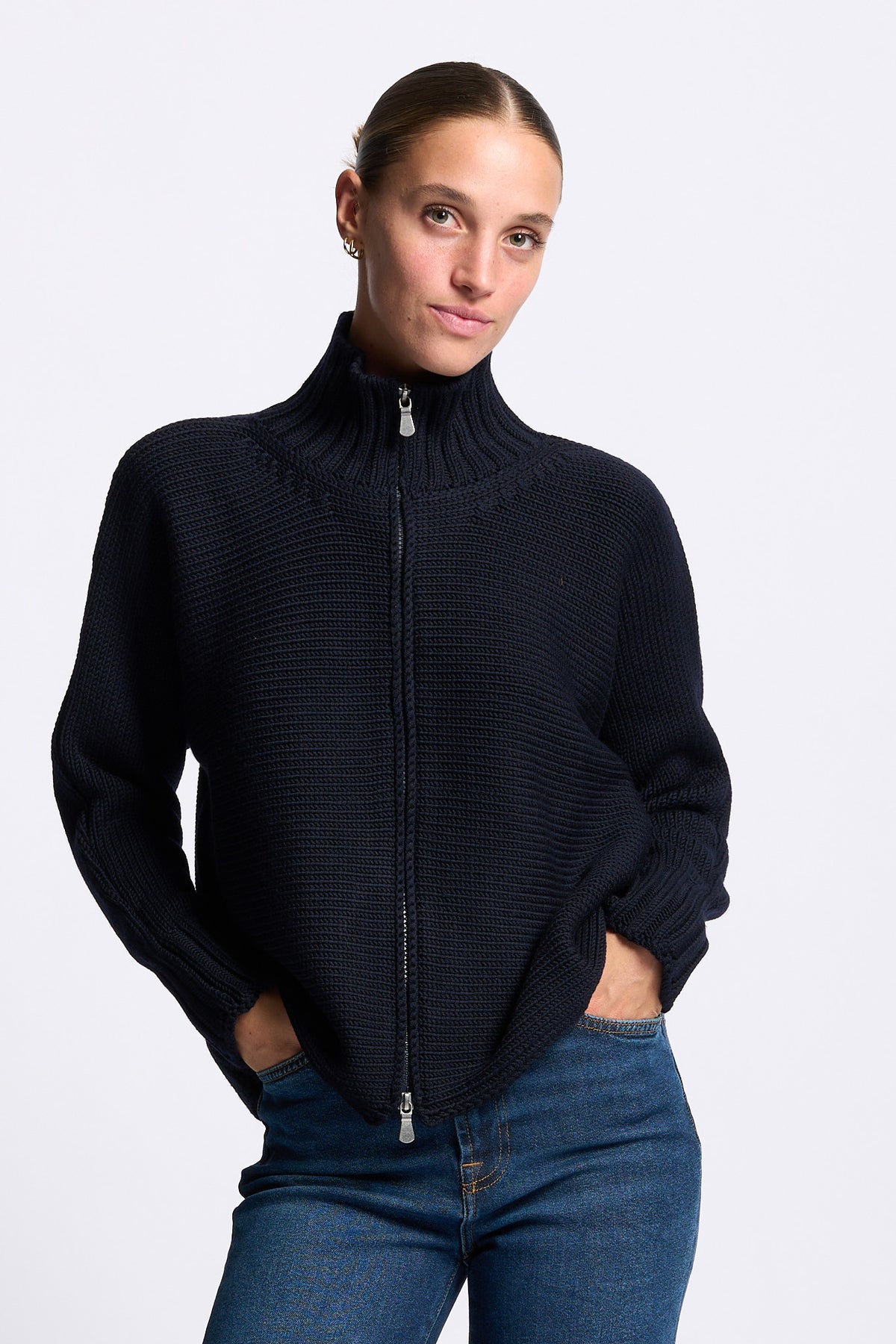 Gran Sasso Maglia Bomber Lana blu da donna a coste-3