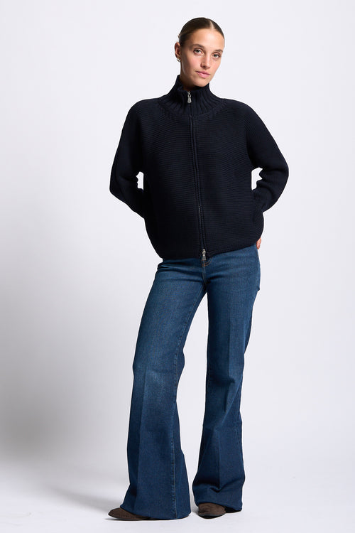 Gran Sasso Maglia Bomber Lana blu da donna a coste-2