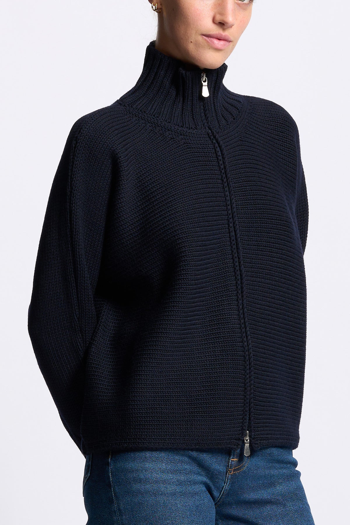 Gran Sasso Maglia Bomber Lana blu da donna a coste-4