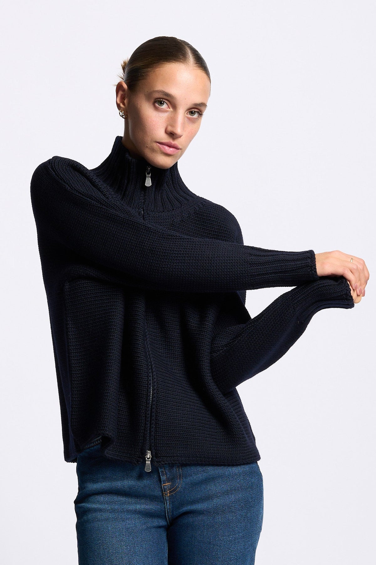 Gran Sasso Maglia Bomber Lana blu da donna a coste-7
