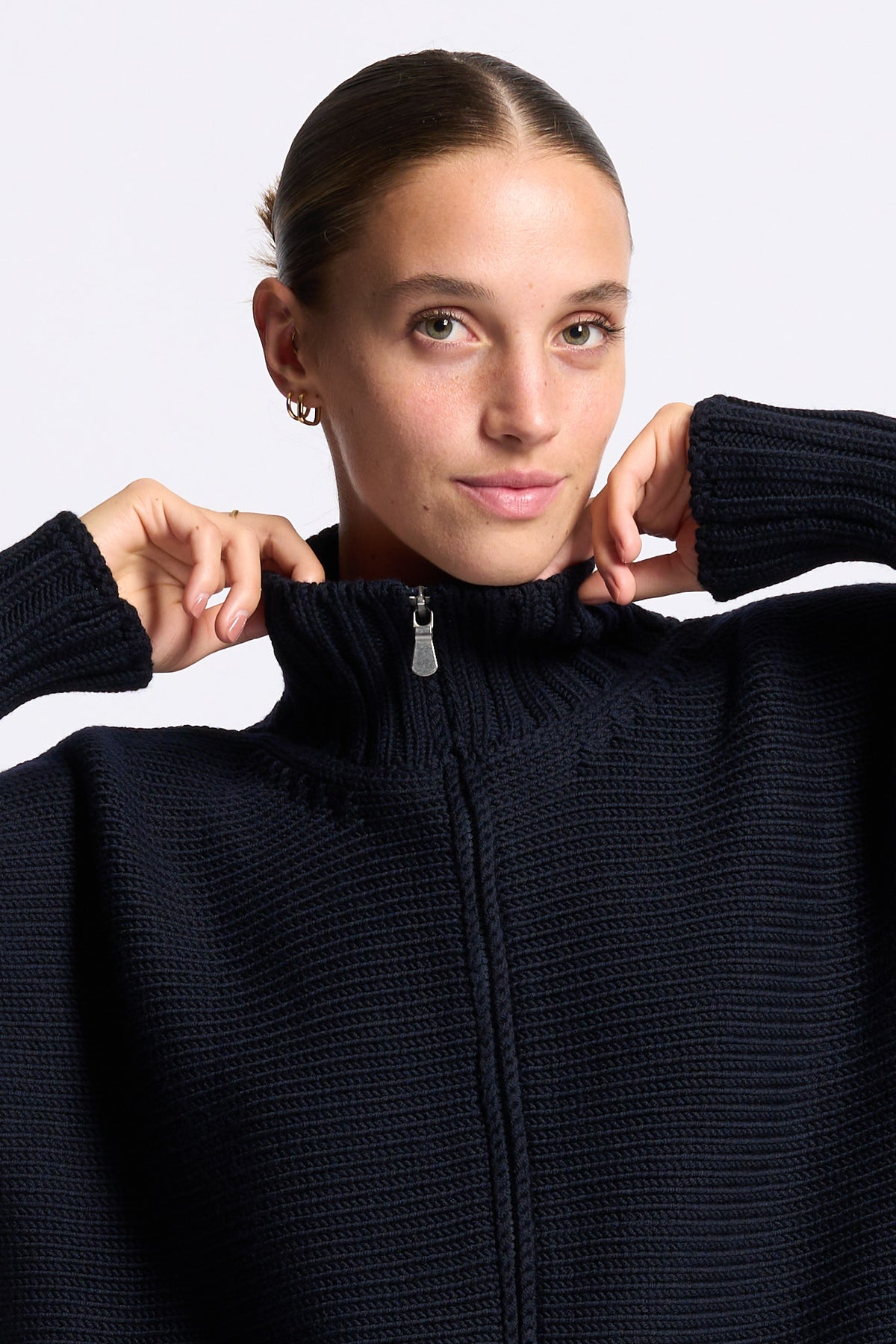Gran Sasso Maglia Bomber Lana blu da donna a coste-6
