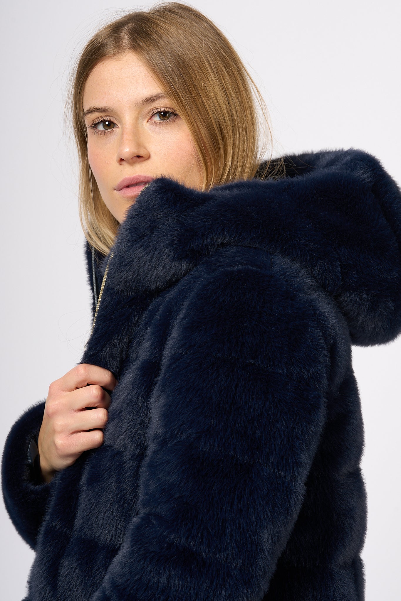 Herno Down Jacket Eco Fur Blue Women-11