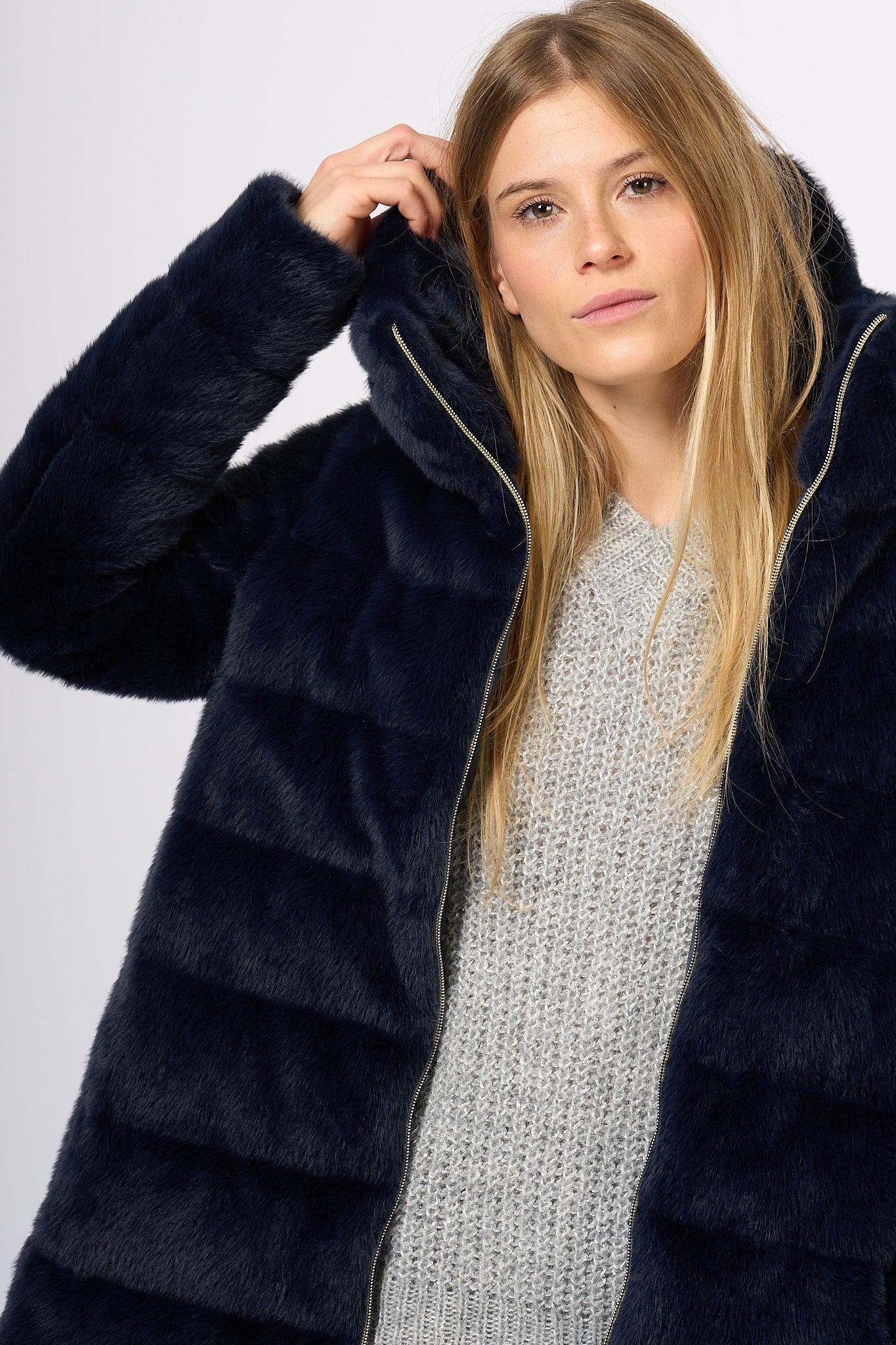 Herno Down Jacket Eco Fur Blue Women-5