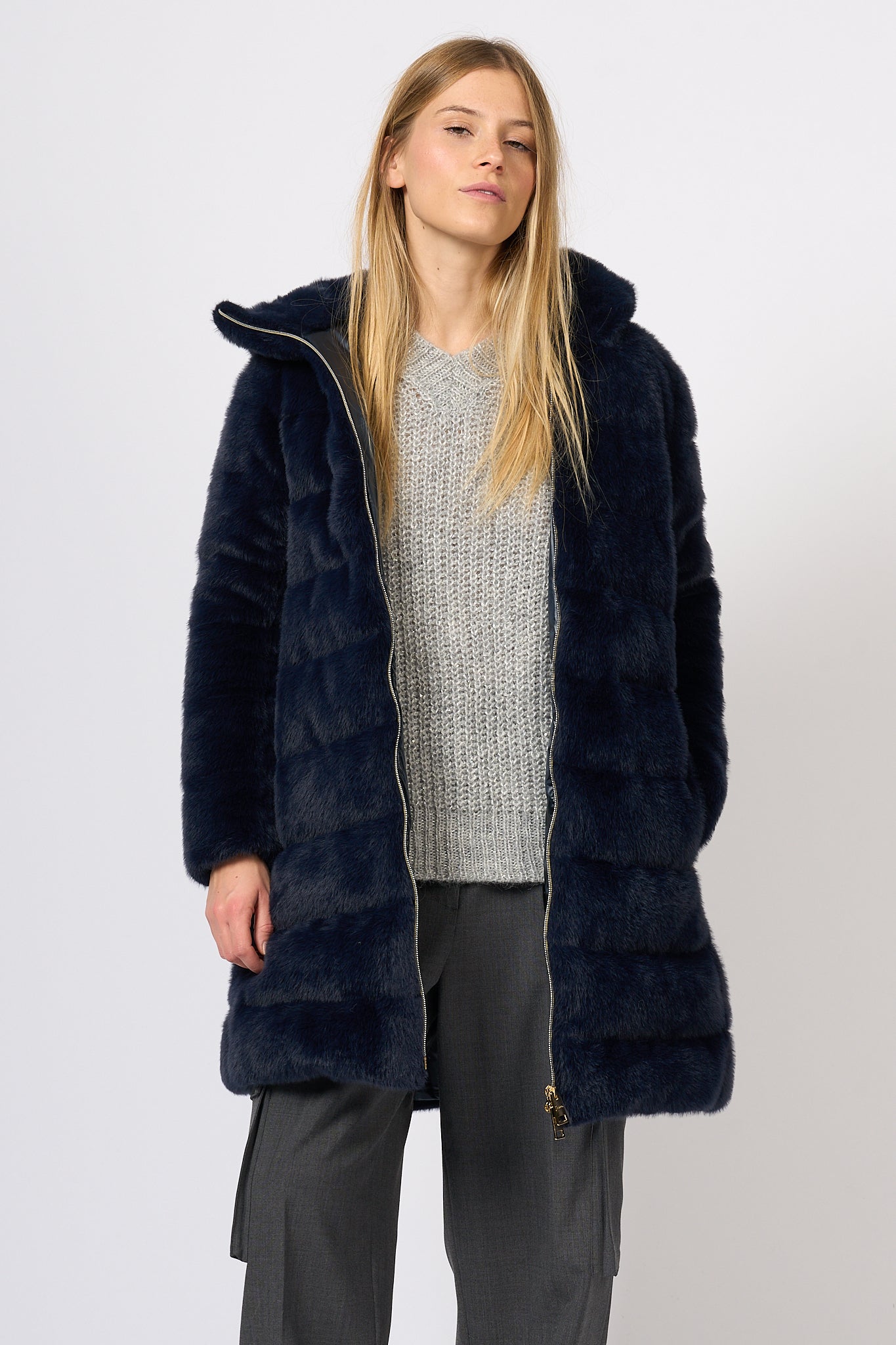 Herno Down Jacket Eco Fur Blue Women-6