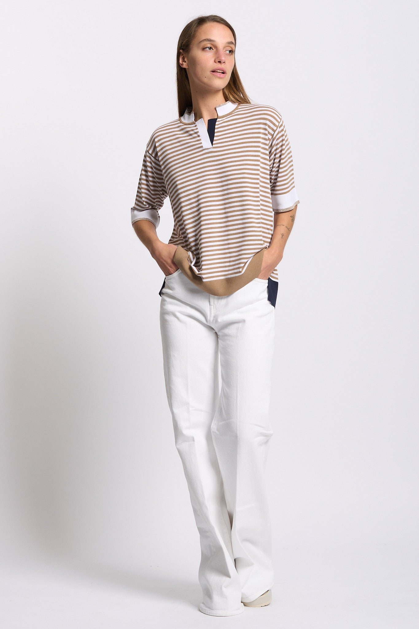 Intrecci milano Polo a Righe Bianco/beige Donna-3