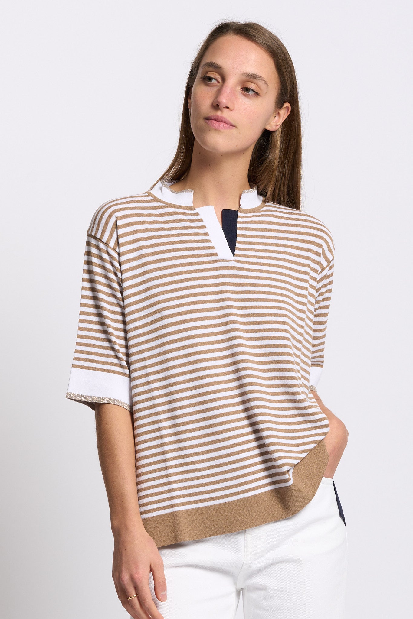 Intrecci milano Polo a Righe Bianco/beige Donna-1