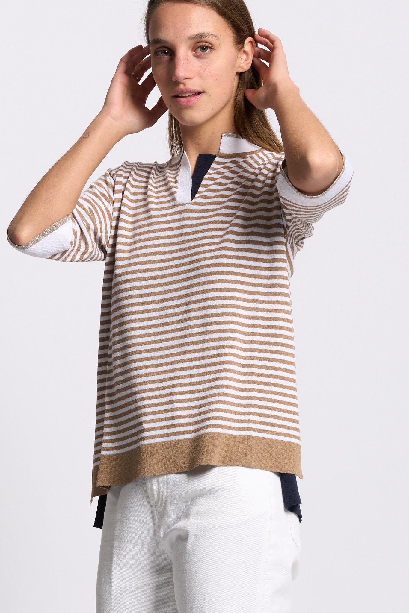 Intrecci milano Polo a Righe Bianco/beige Donna-5