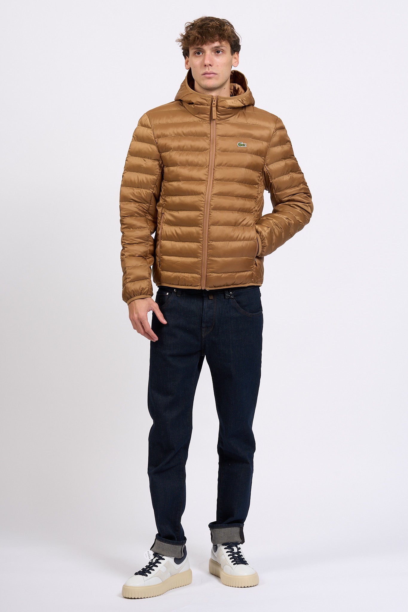 Lacoste Piumino con Cappuccio Cammello Uomo-2
