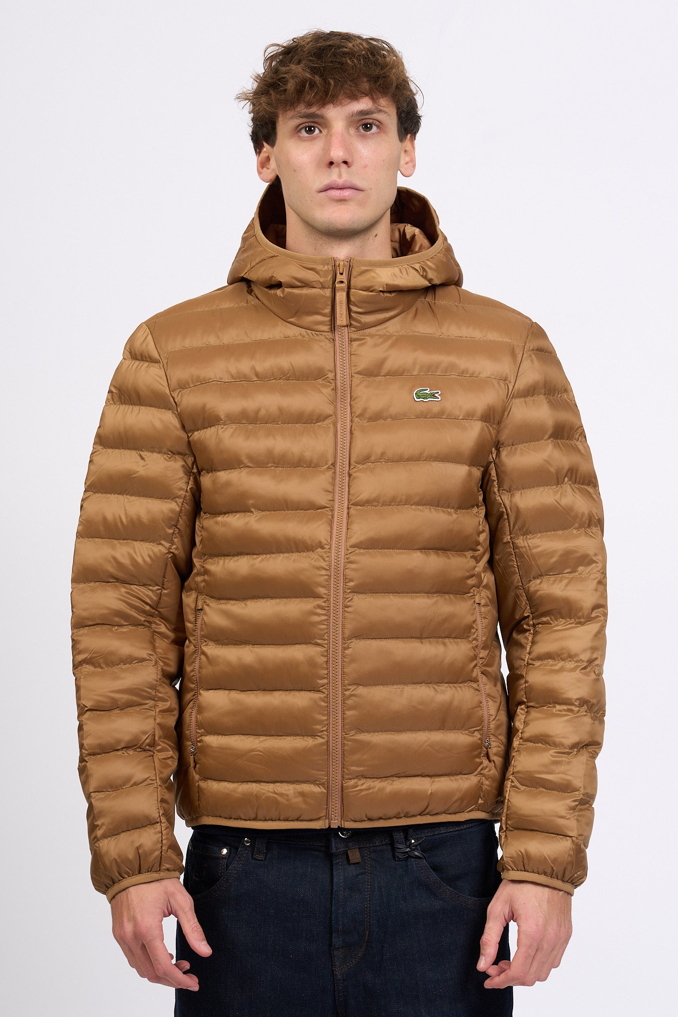 Lacoste Piumino con Cappuccio Cammello Uomo-1