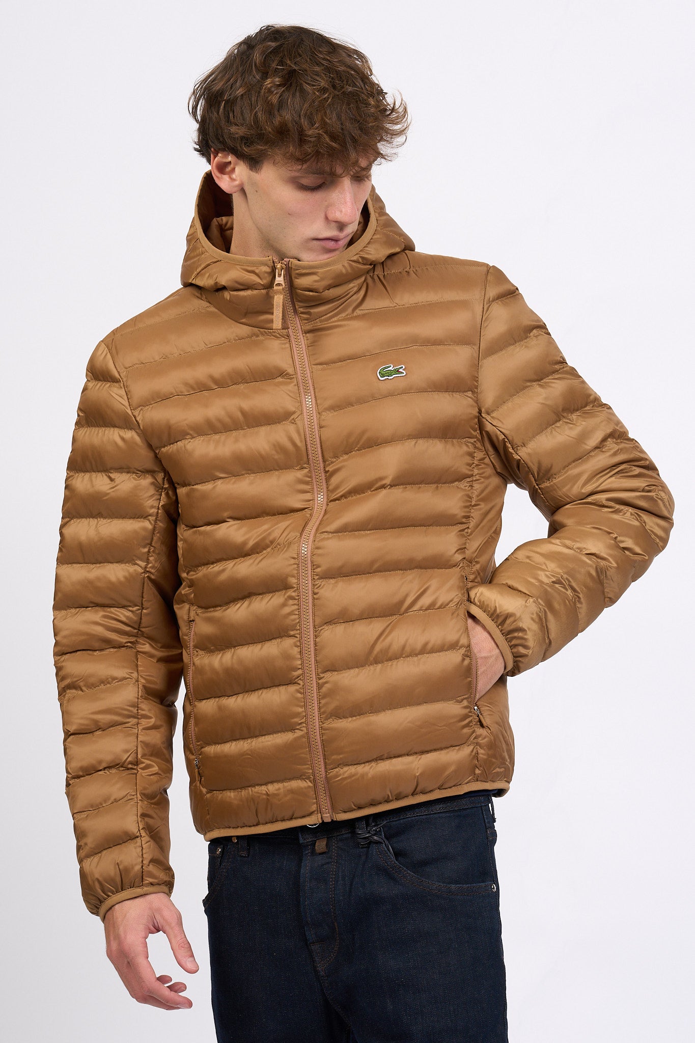 Lacoste Piumino con Cappuccio Cammello Uomo-3