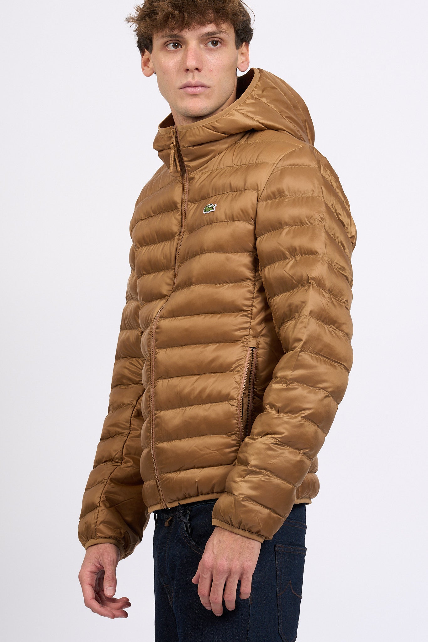 Lacoste Piumino con Cappuccio Cammello Uomo-4