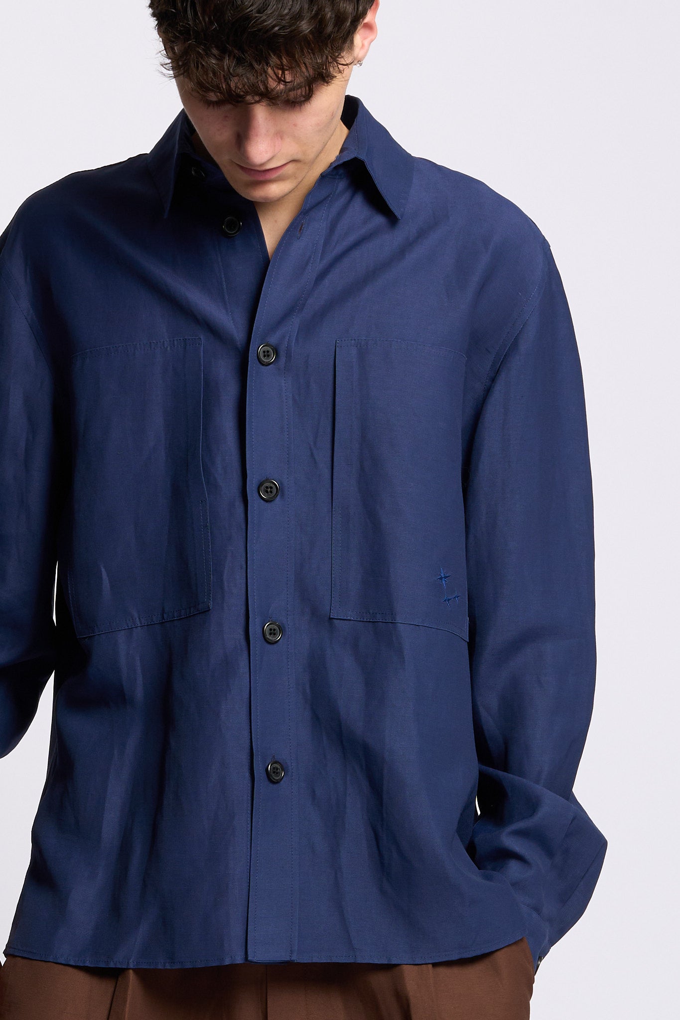 Laneus Overshirt in Lino e Viscosa Blu Uomo-3