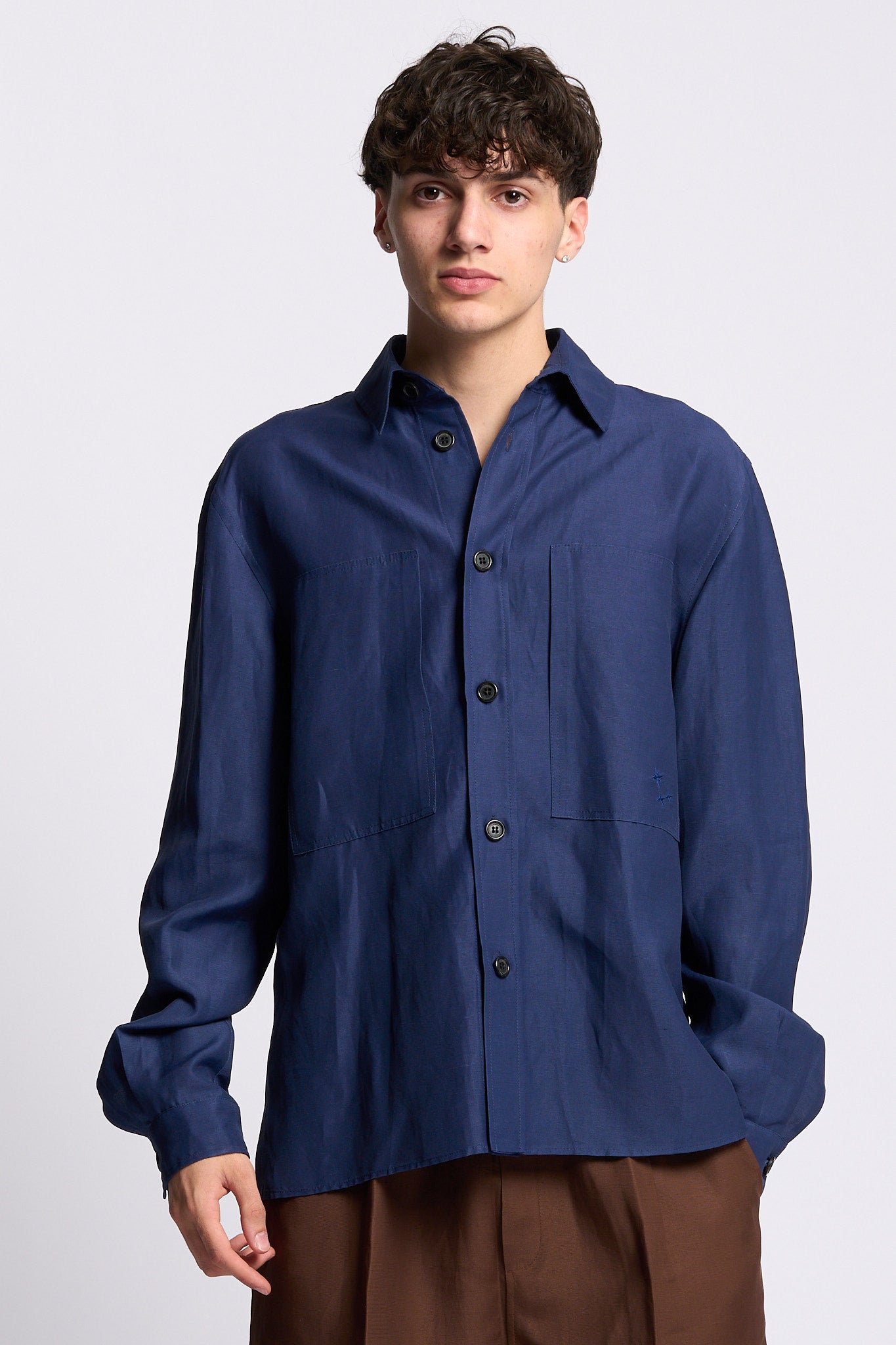Laneus Overshirt in Lino e Viscosa Blu Uomo-6
