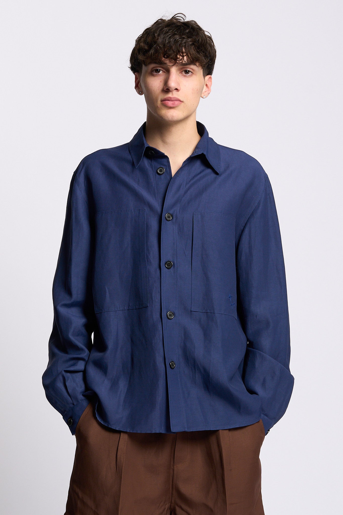 Laneus Overshirt in Lino e Viscosa Blu Uomo-1